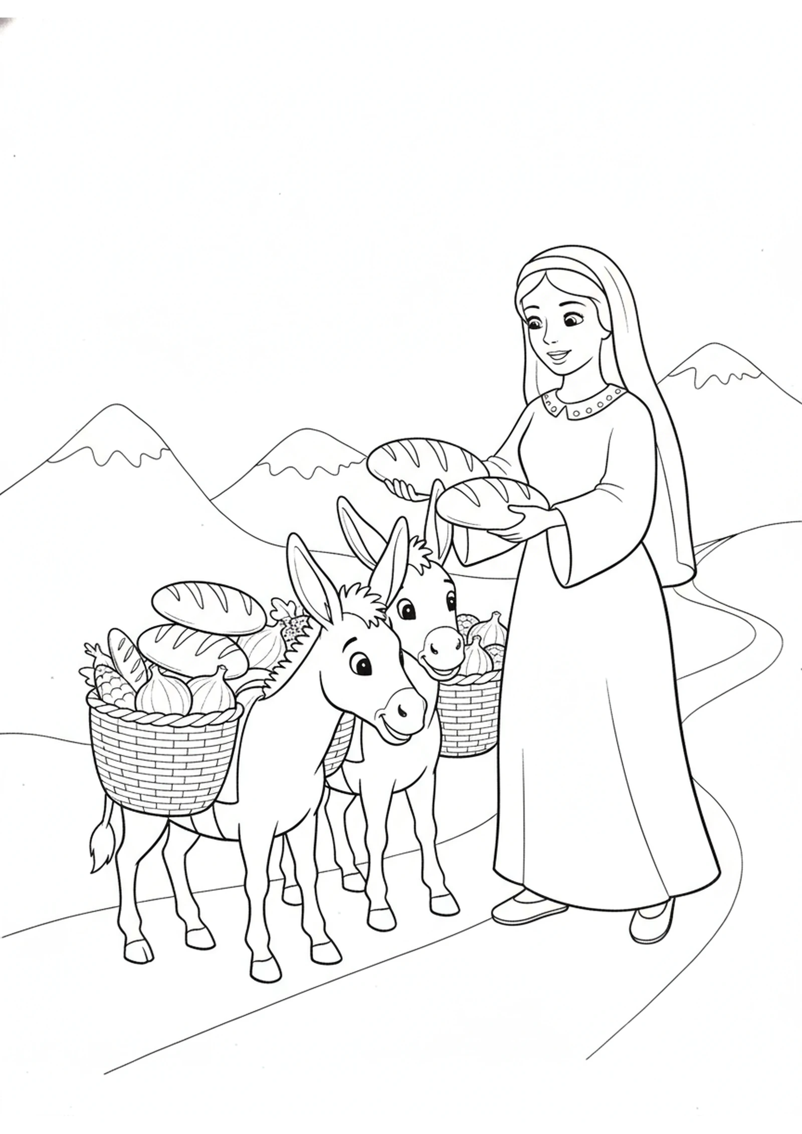 Abigail Brings Gifts of Peace — printable Bible coloring page from Abigail’s Wisdom Stops a Battle