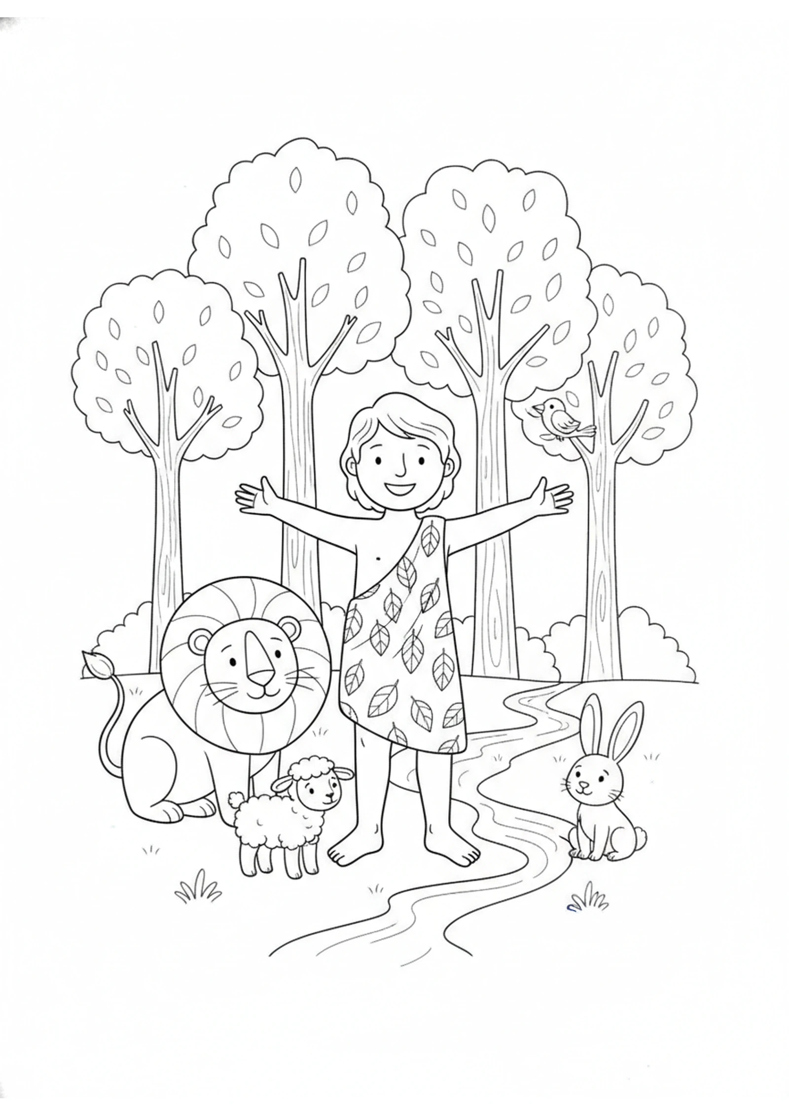 Adam Names the Animals — printable Bible coloring page from Adam and Eve in the Garden