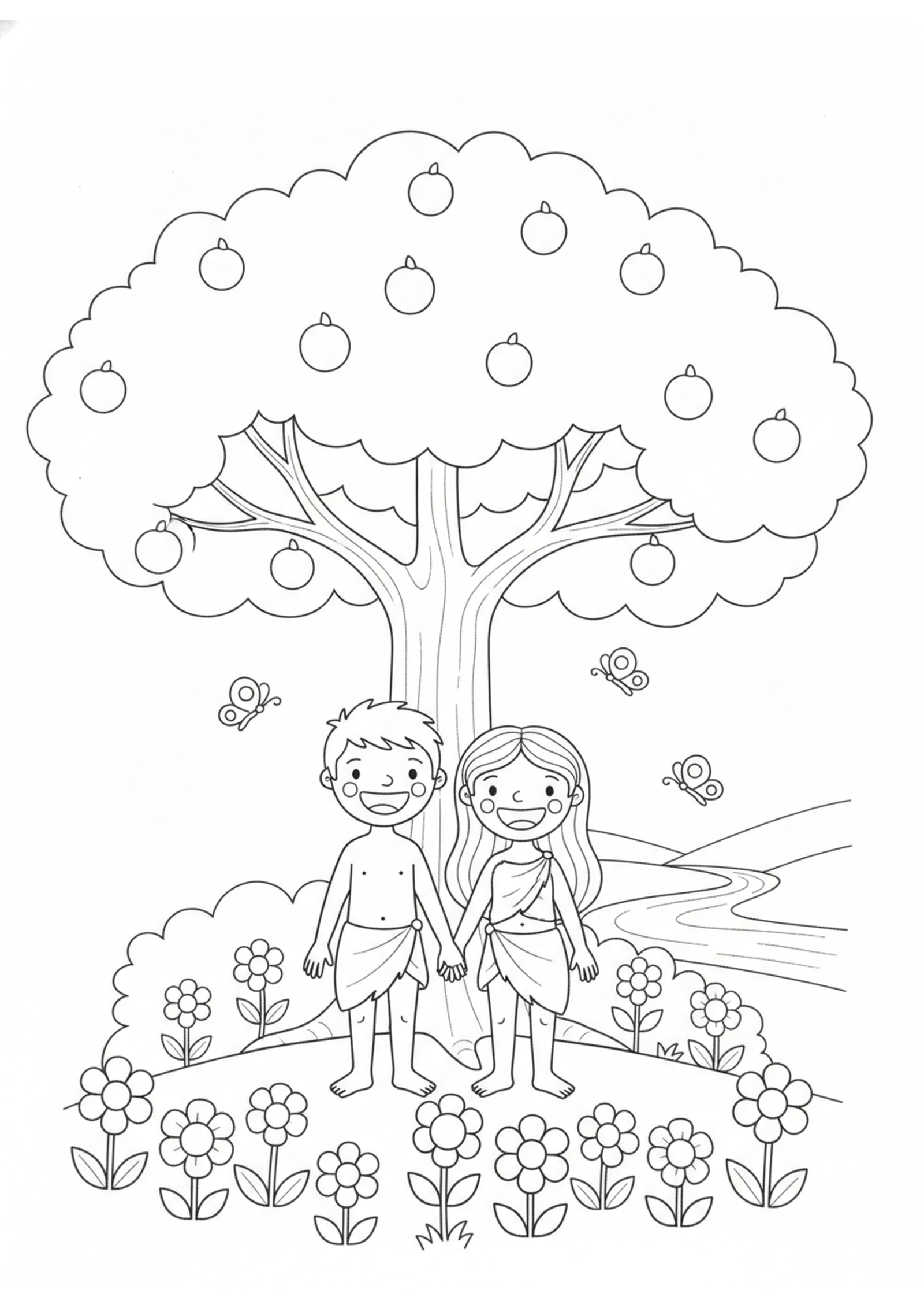 Adam and Eve in the Garden — printable Bible coloring page from Adam and Eve in the Garden