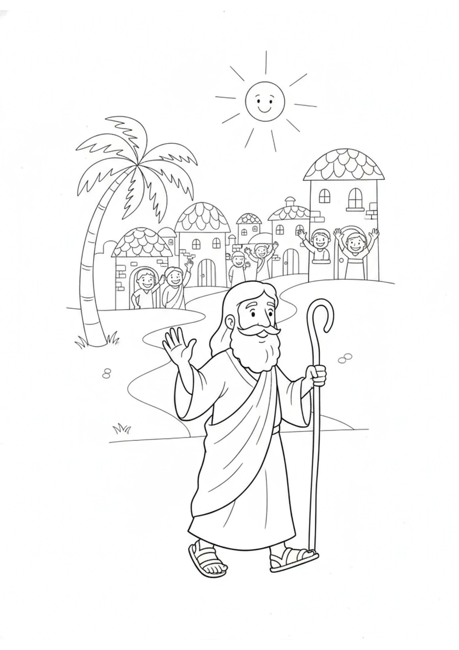 Peter Comes to Lydda — printable Bible coloring page from Peter and Aeneas — Eight Years on a Mat