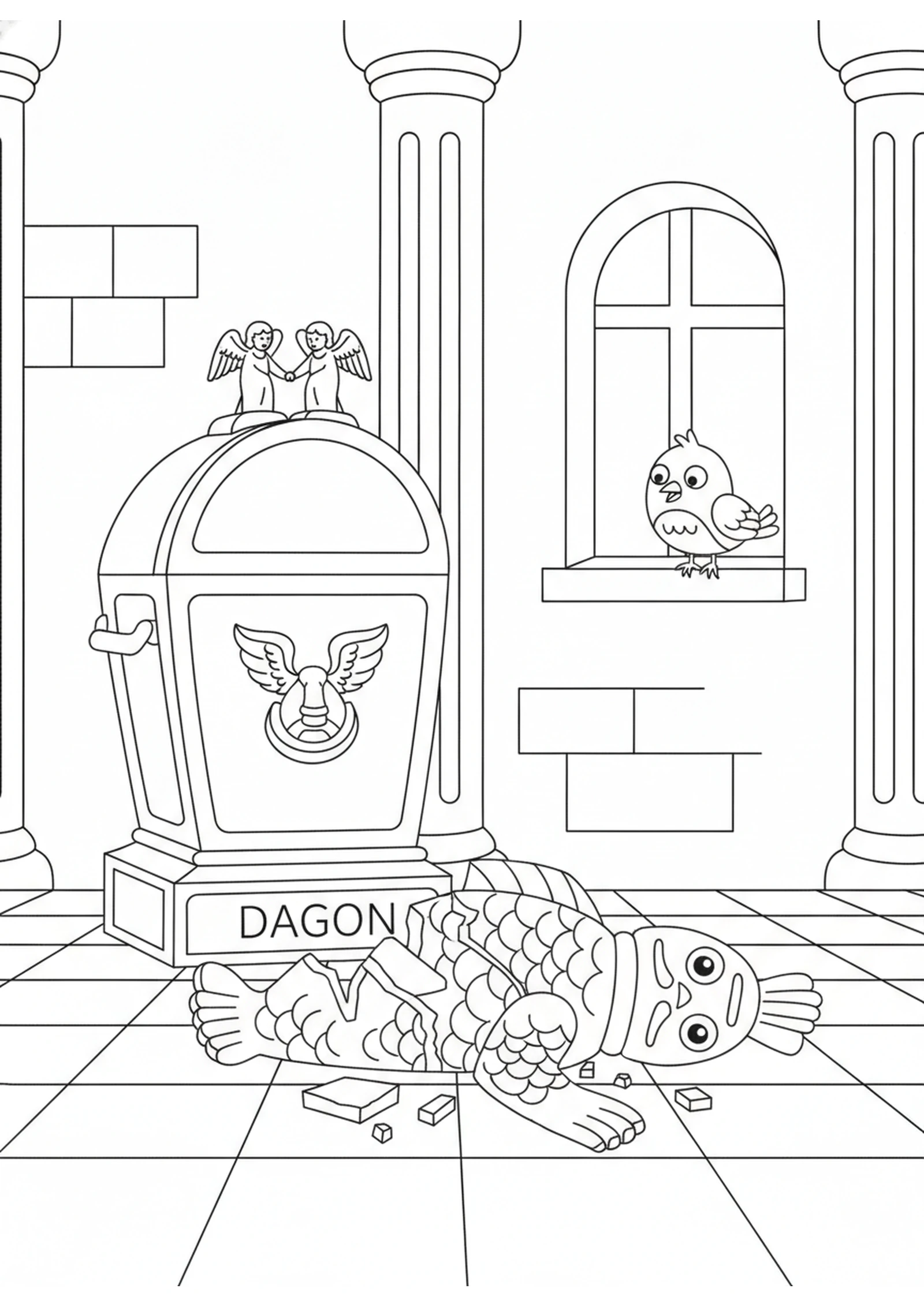 Dagon Falls Before the Ark — printable Bible coloring page from The Ark Among the Philistines