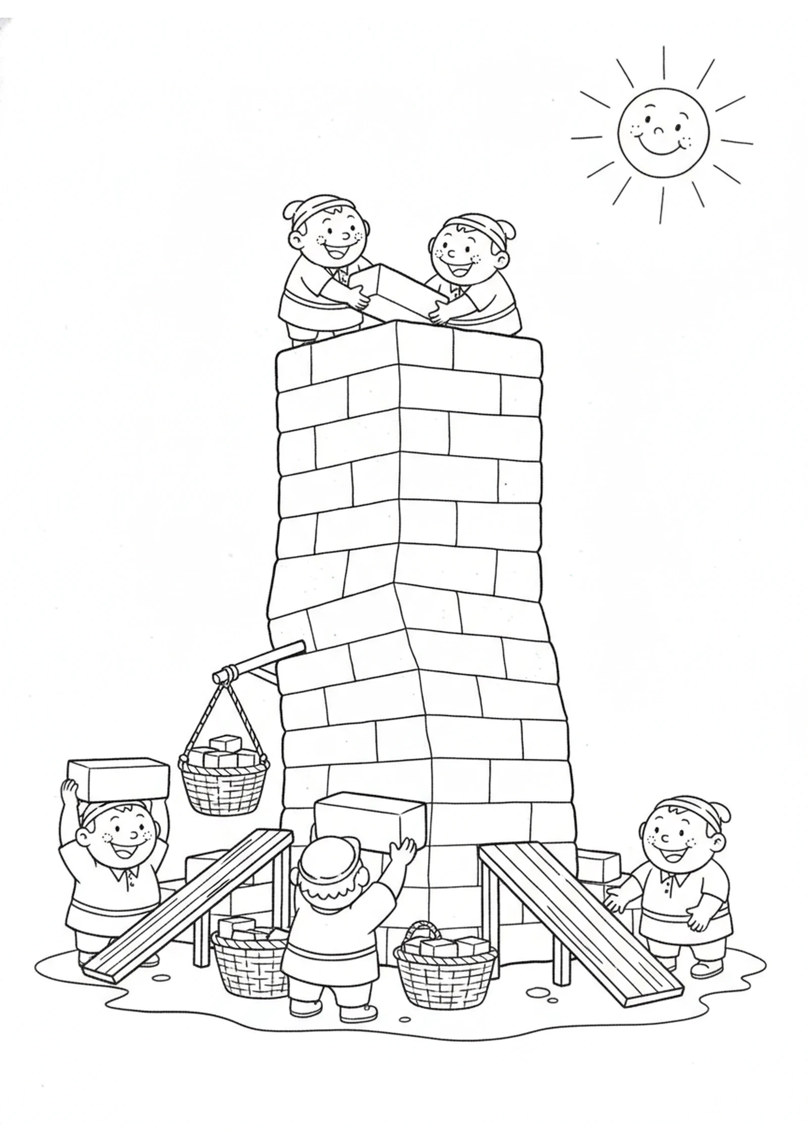 Building the Tall Tower — printable Bible coloring page from The Tower of Babel