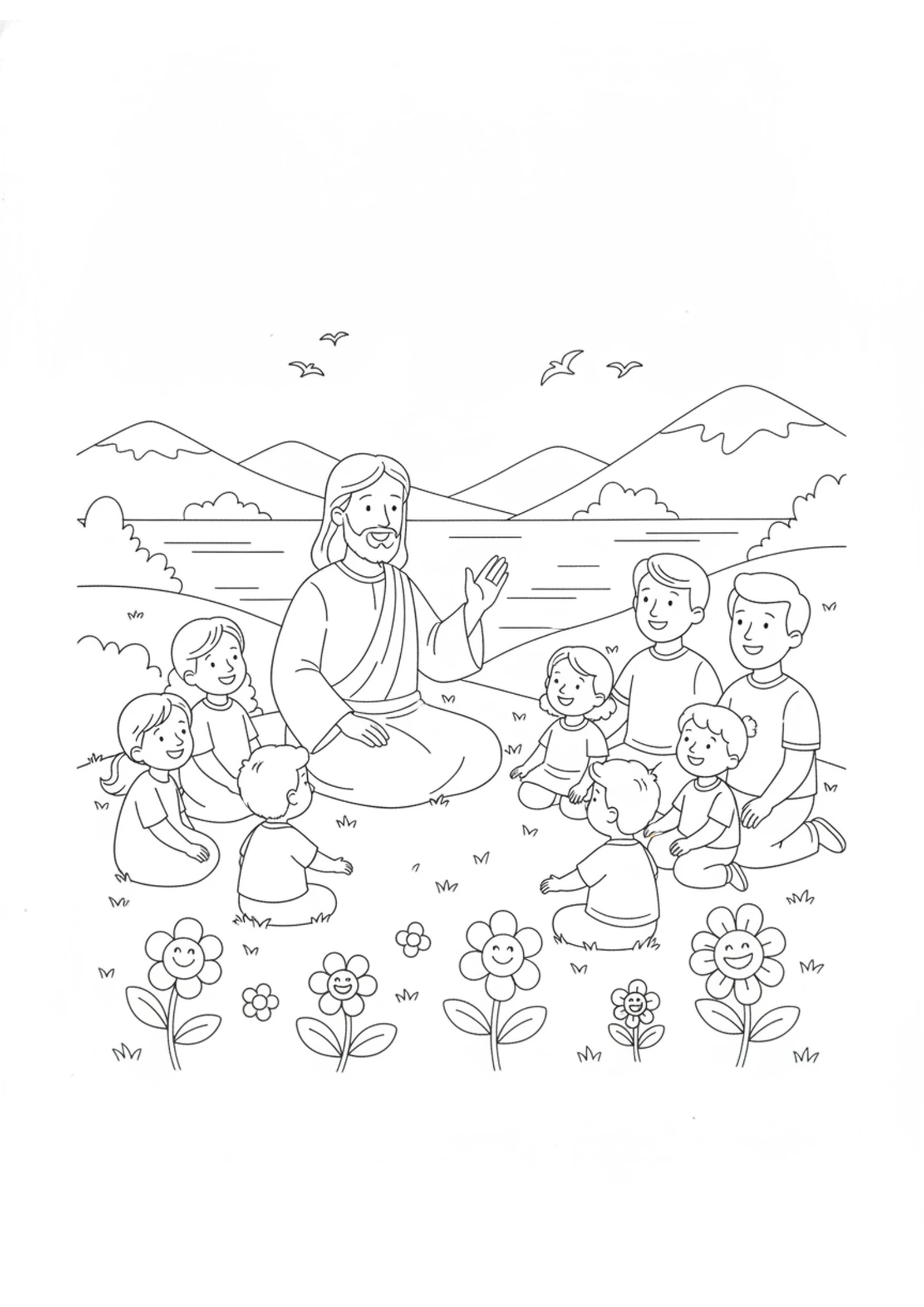 Jesus Teaching on the Hill — printable Bible coloring page from The Beatitudes — Blessed Are You