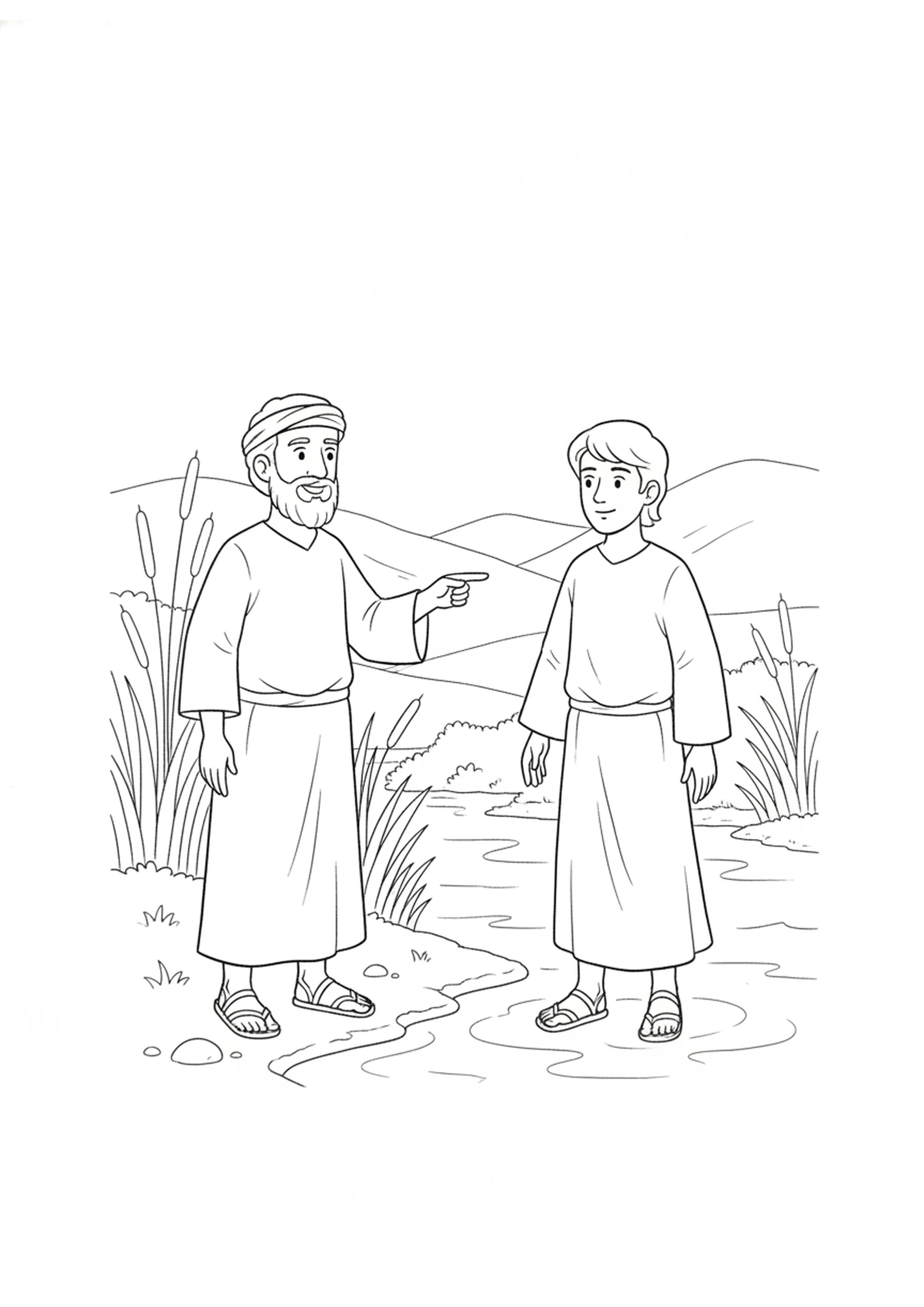 John Points to the Lamb of God — printable Bible coloring page from Behold the Lamb — John Points to Jesus