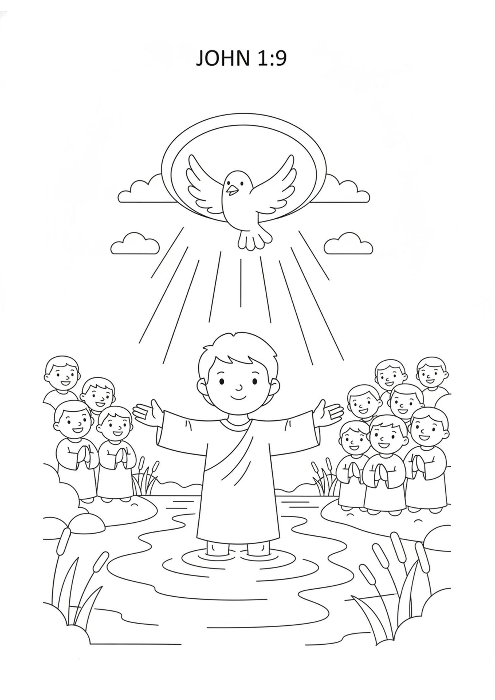 The Dove Comes Down at the River — printable Bible coloring page from Behold the Lamb — John Points to Jesus
