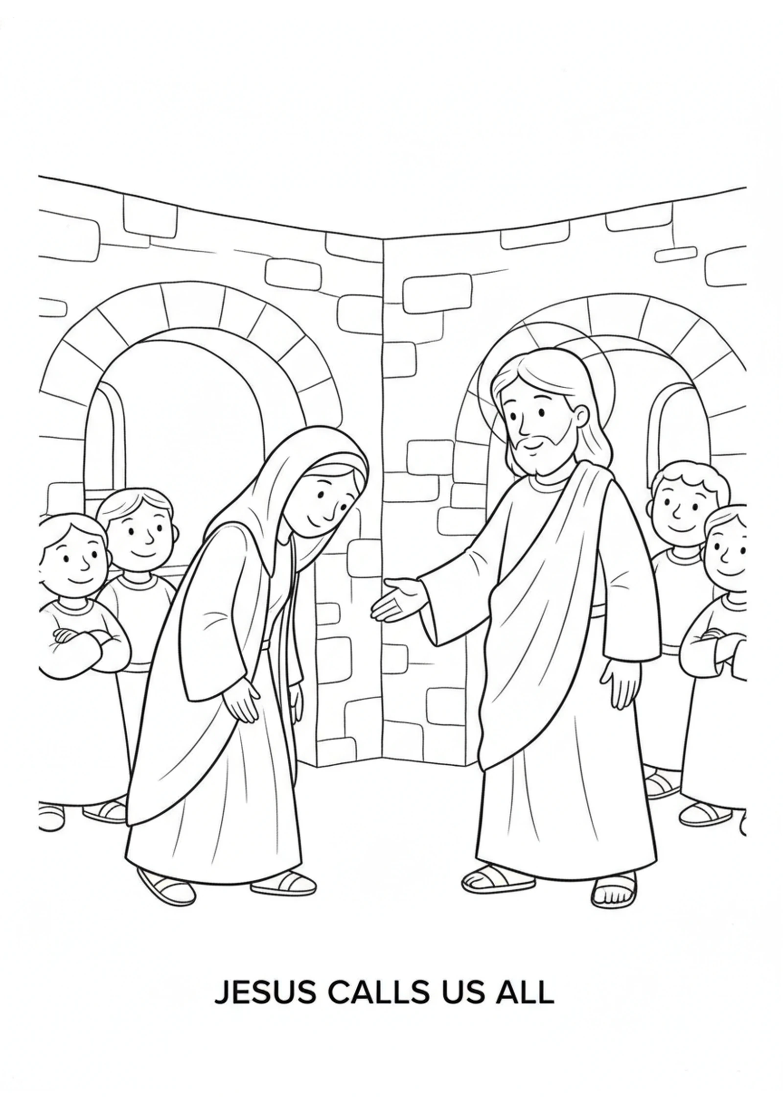 Jesus Calls the Woman — printable Bible coloring page from Healing the Bent-Over Woman
