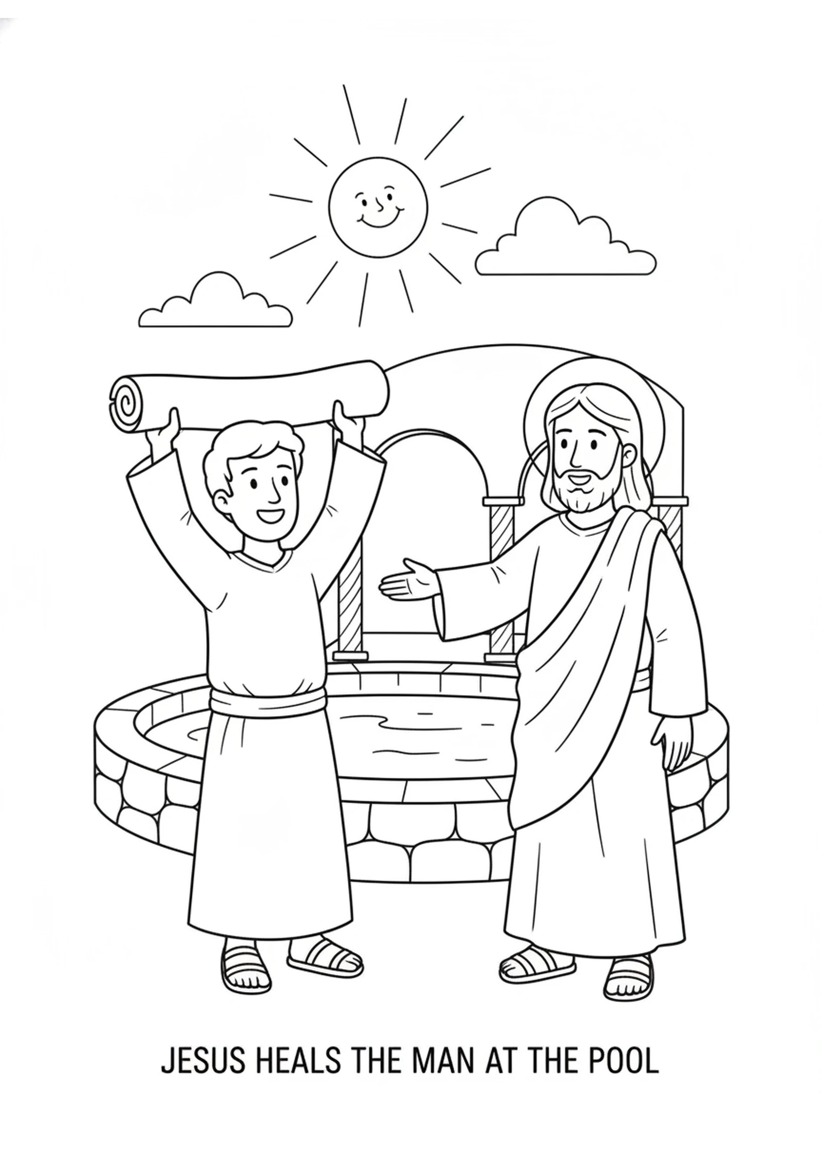 Walking Again! — printable Bible coloring page from Healing at the Pool of Bethesda