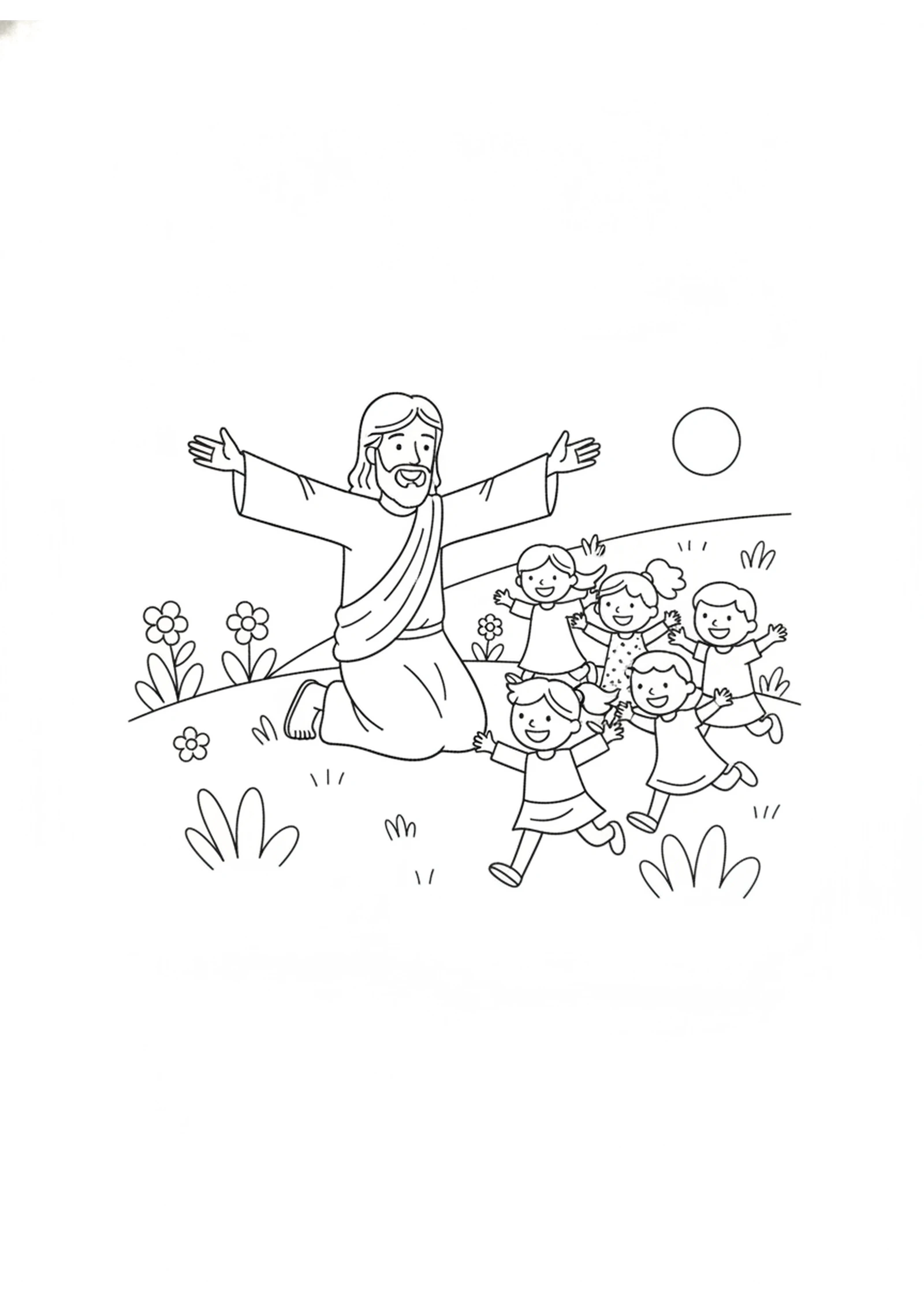 Jesus Welcomes the Children — printable Bible coloring page from Jesus Blesses the Little Children