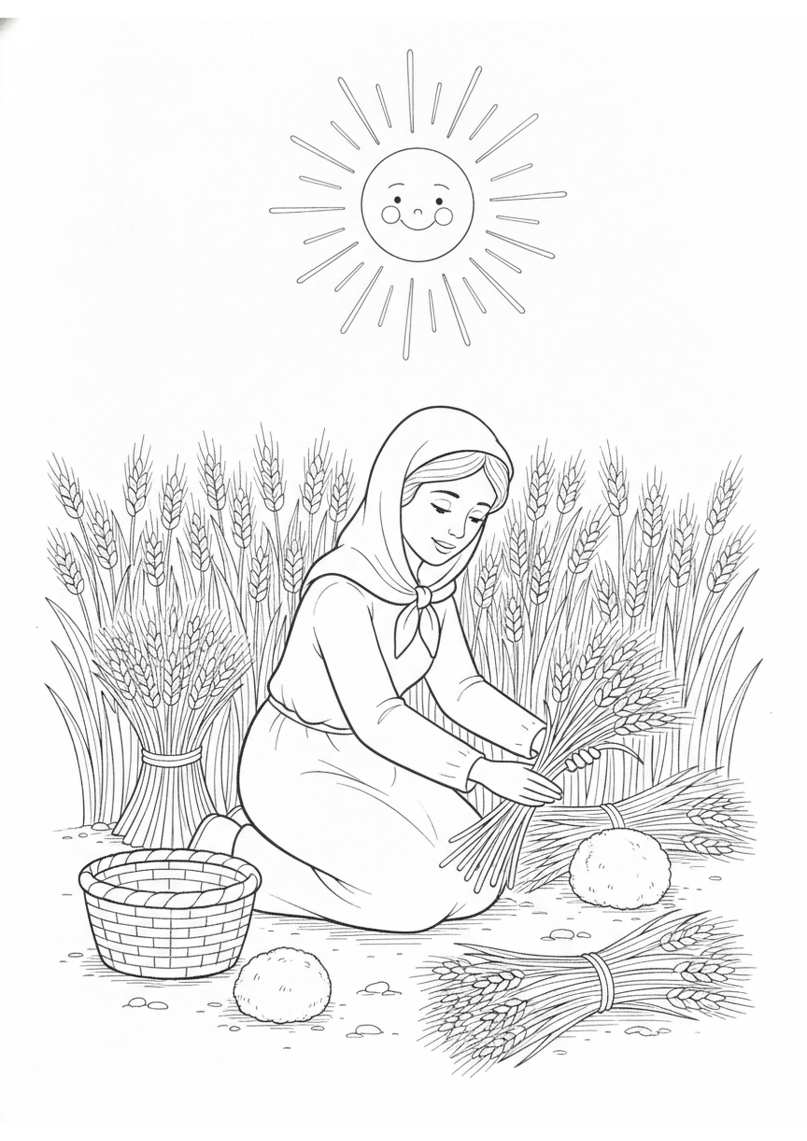 Ruth Gathering Grain — printable Bible coloring page from Boaz’s Field of Kindness