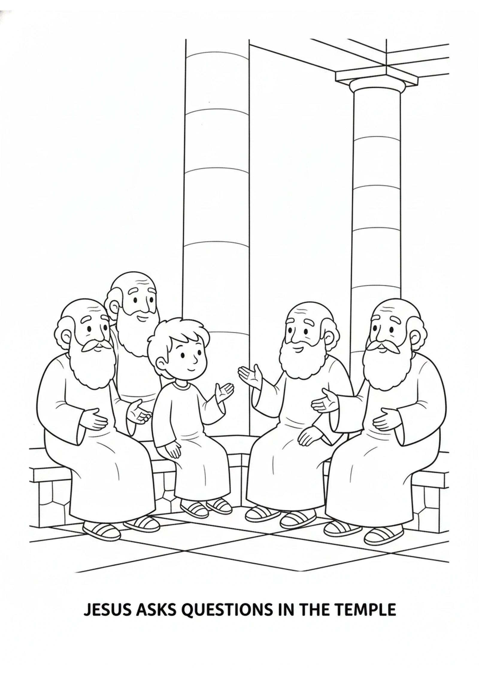 Jesus in the Temple — printable Bible coloring page from The Boy Jesus in the Temple