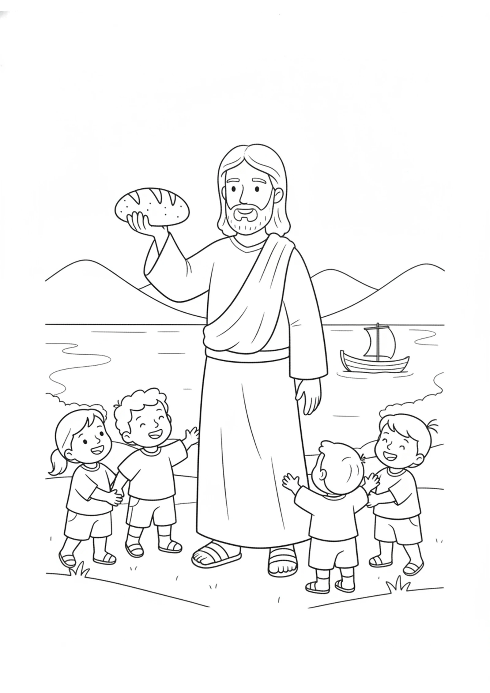 Jesus and the Loaf of Bread — printable Bible coloring page from I Am the Bread of Life