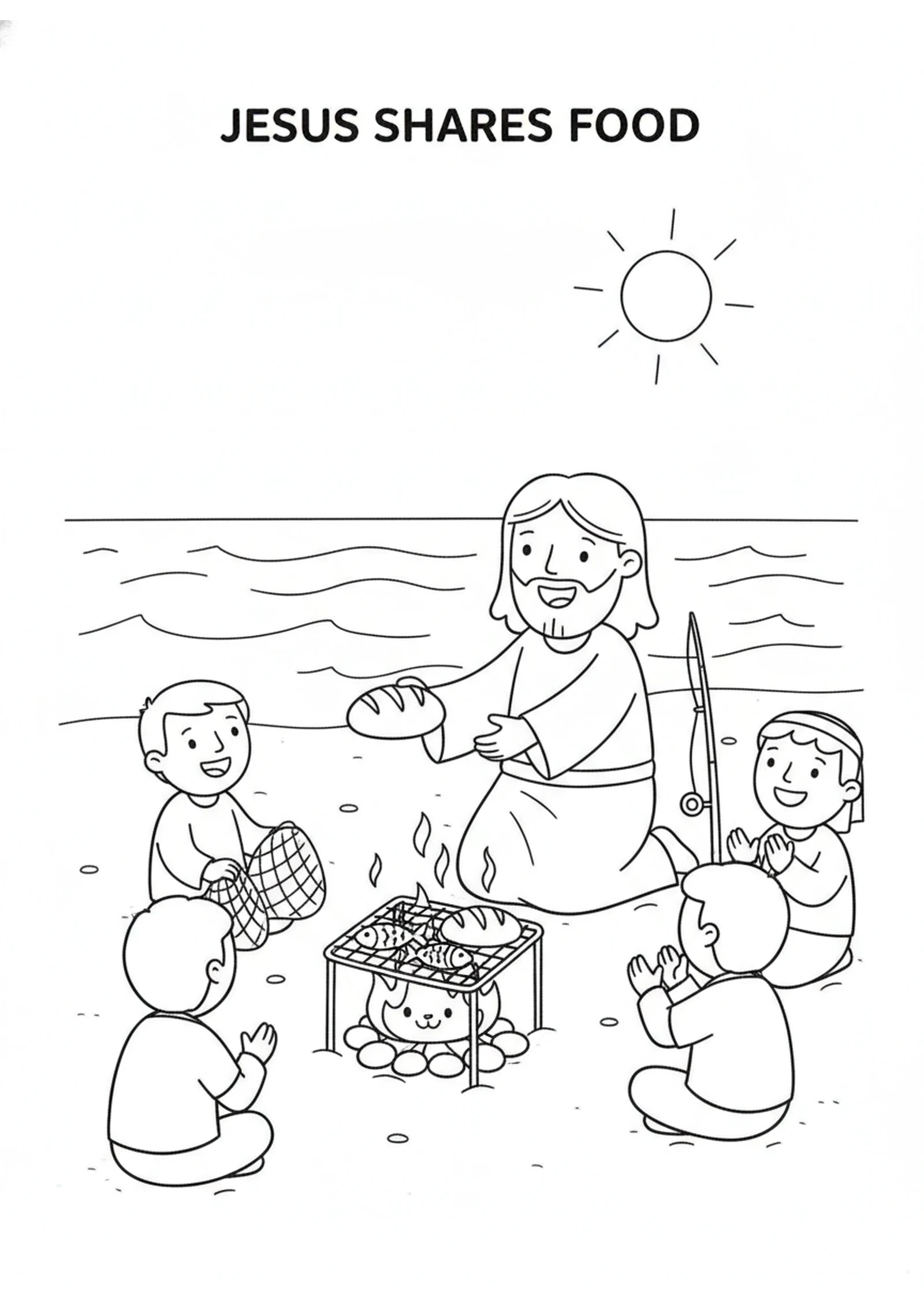 Breakfast by the Fire — printable Bible coloring page from Breakfast on the Beach