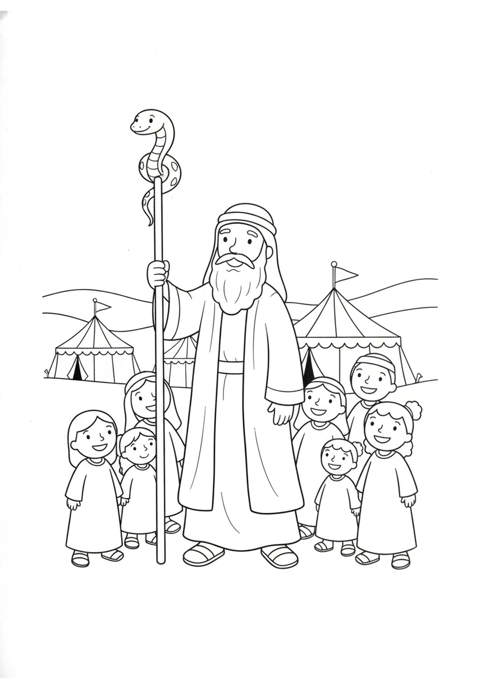 Moses Lifts the Bronze Snake — printable Bible coloring page from The Bronze Snake