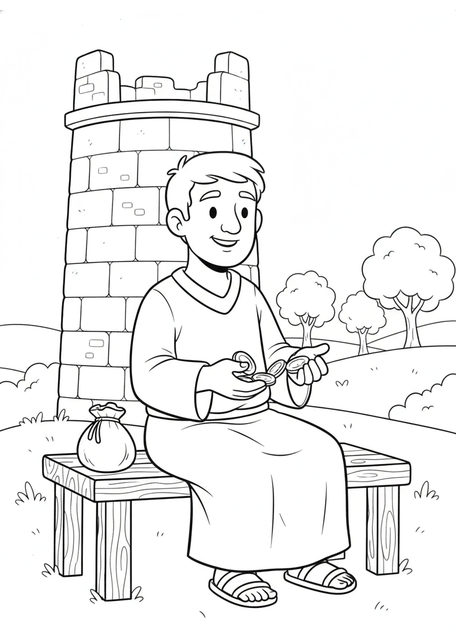 The Builder Counts His Coins — printable Bible coloring page from Building a Tower — Counting the Cost