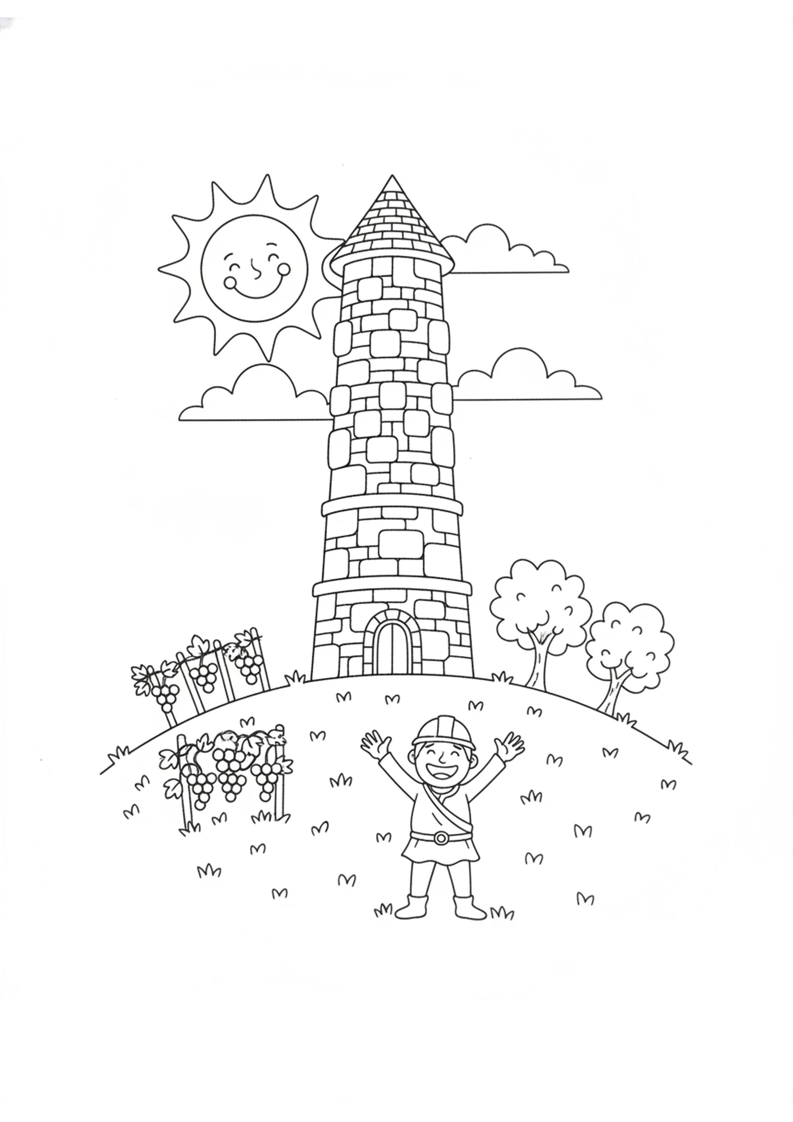 The Finished Tower — printable Bible coloring page from Building a Tower — Counting the Cost