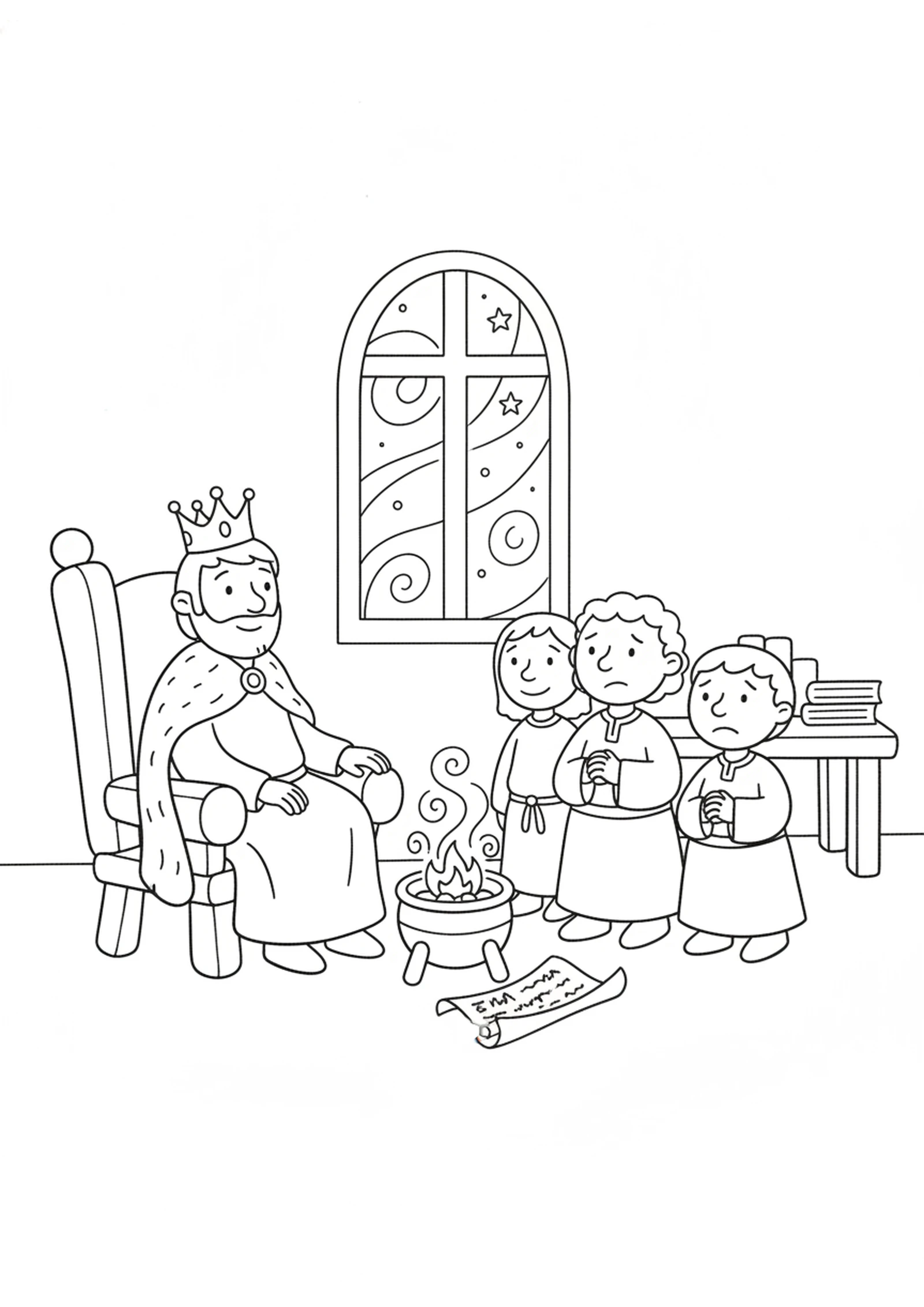 The King and the Fire — printable Bible coloring page from The King Burns the Scroll — Baruch Writes It Again