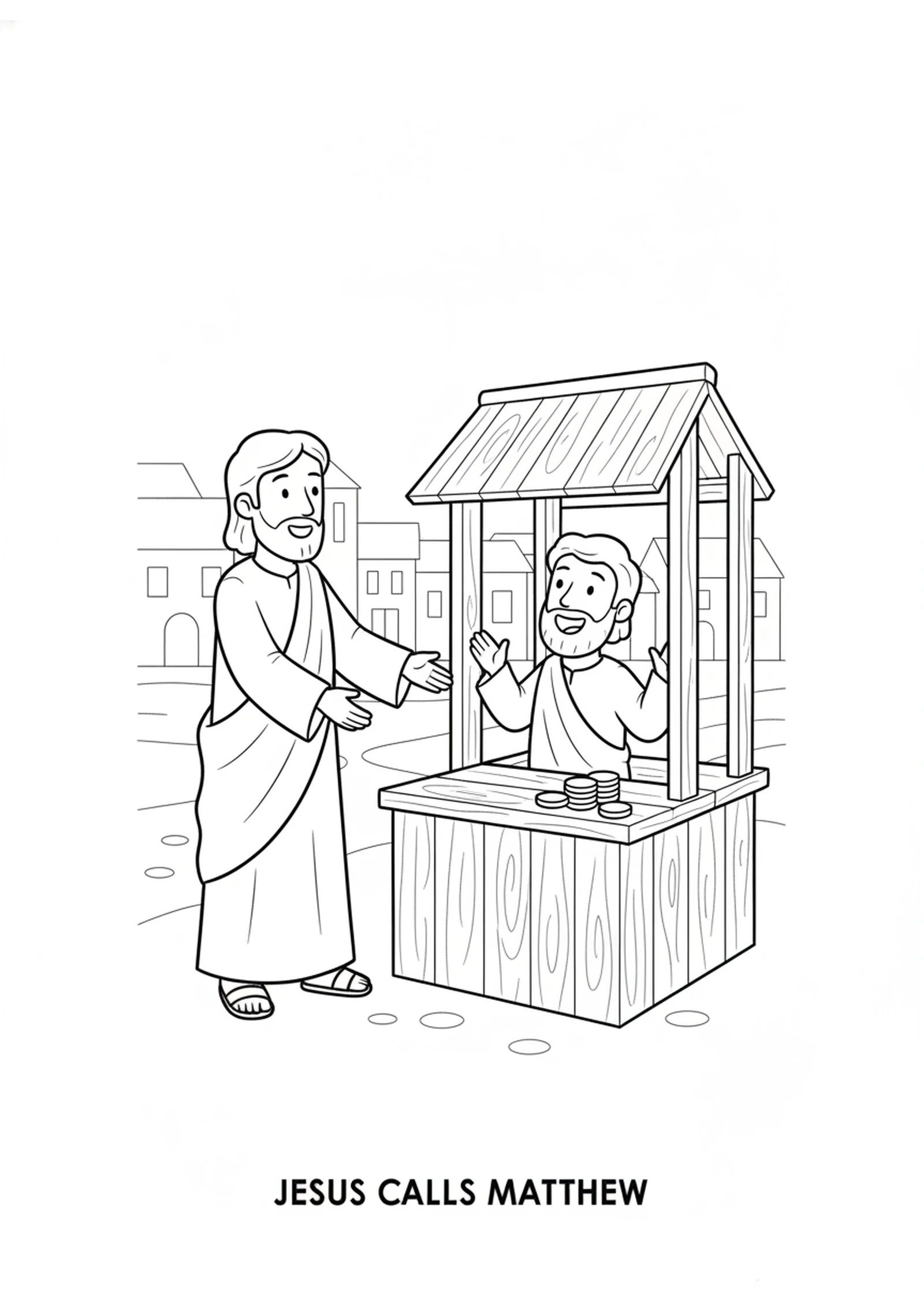 Jesus Calls Matthew — printable Bible coloring page from Jesus Calls Matthew
