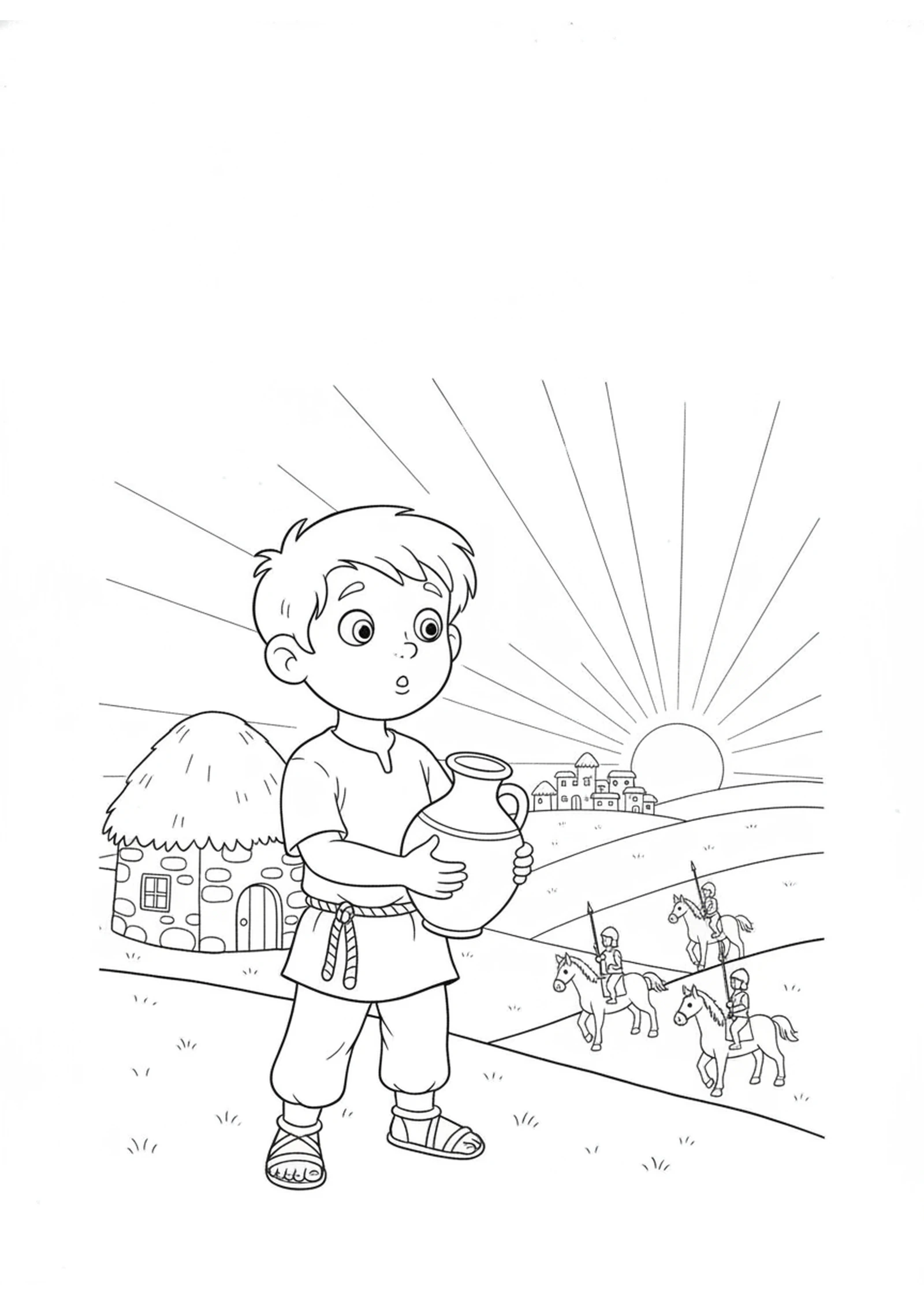 The Frightened Servant at Dawn — printable Bible coloring page from Chariots of Fire — The Unseen Army