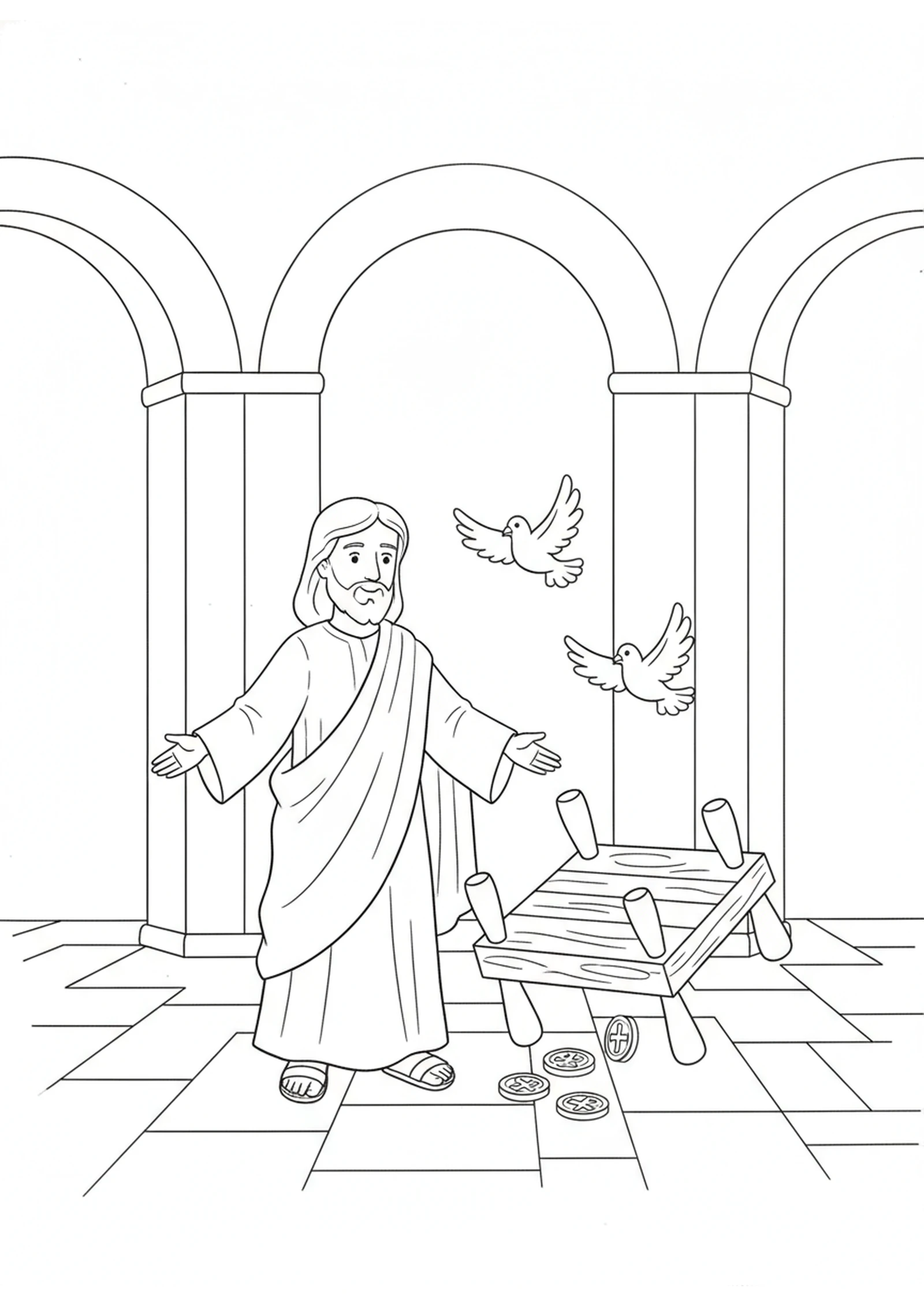 Jesus Clears the Temple — printable Bible coloring page from Jesus Clears the Temple — and the Children Sing