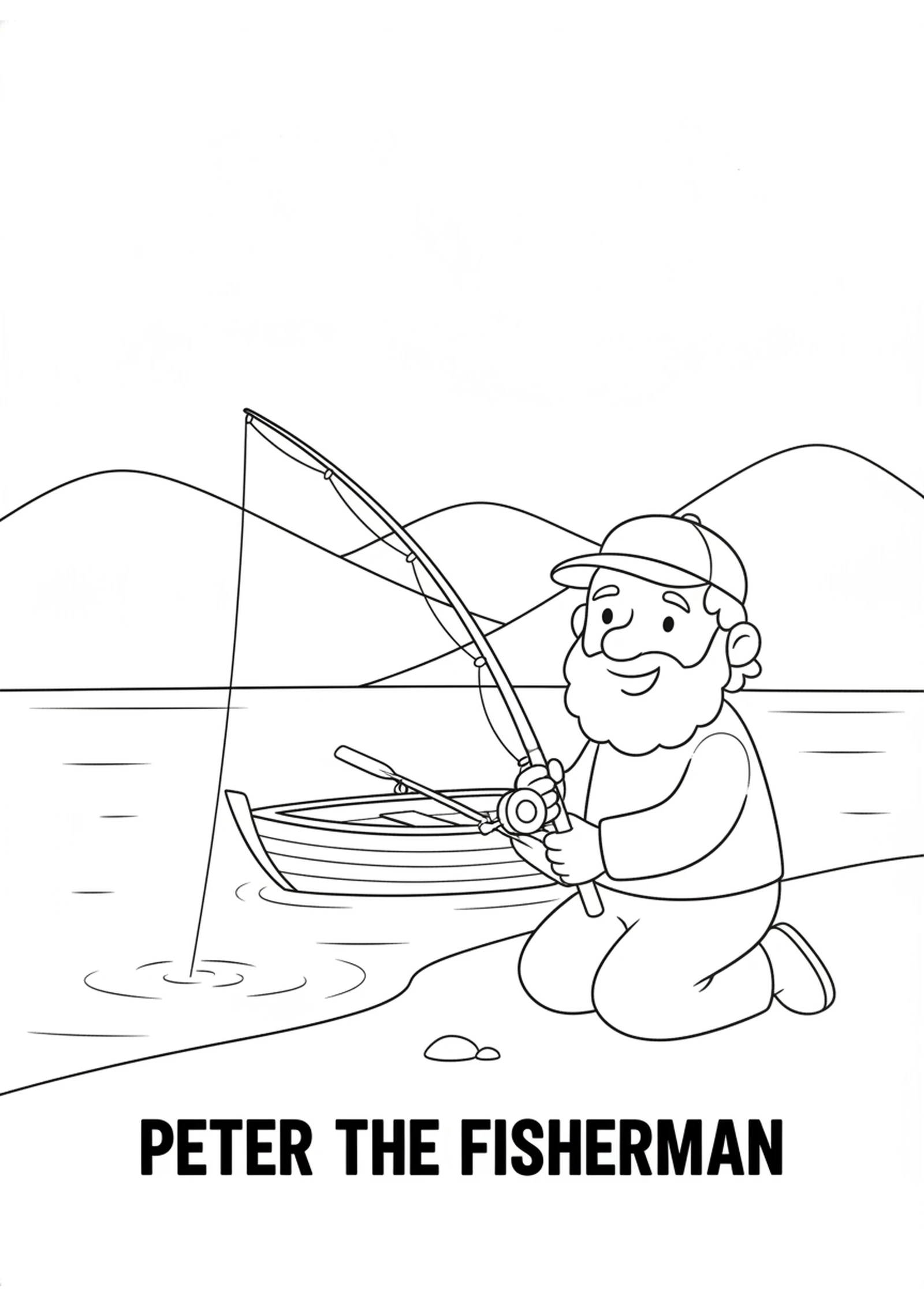 Peter Fishing by the Lake — printable Bible coloring page from The Coin in the Fish’s Mouth