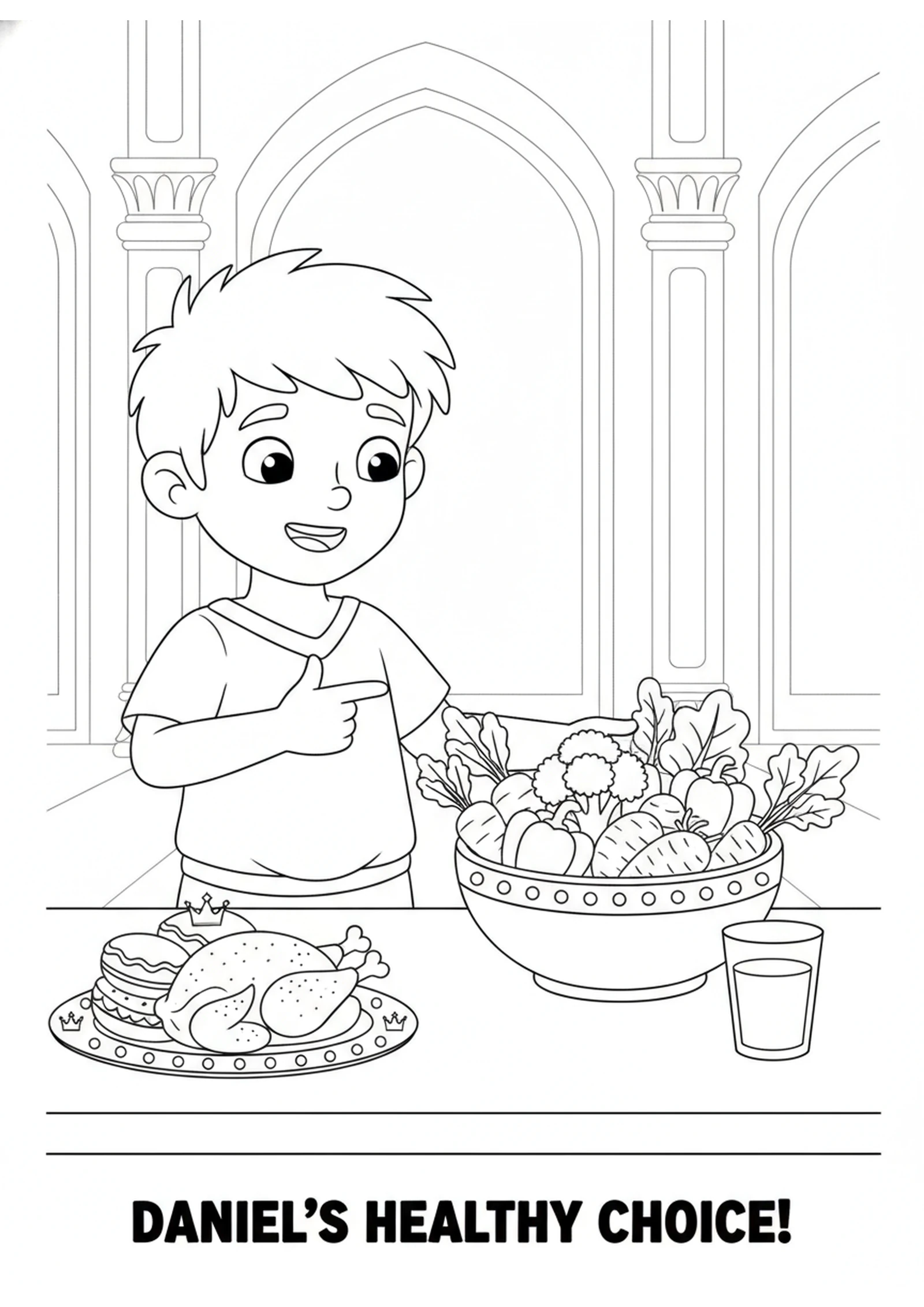 Daniel Chooses Vegetables — printable Bible coloring page from Daniel Refuses the King’s Food
