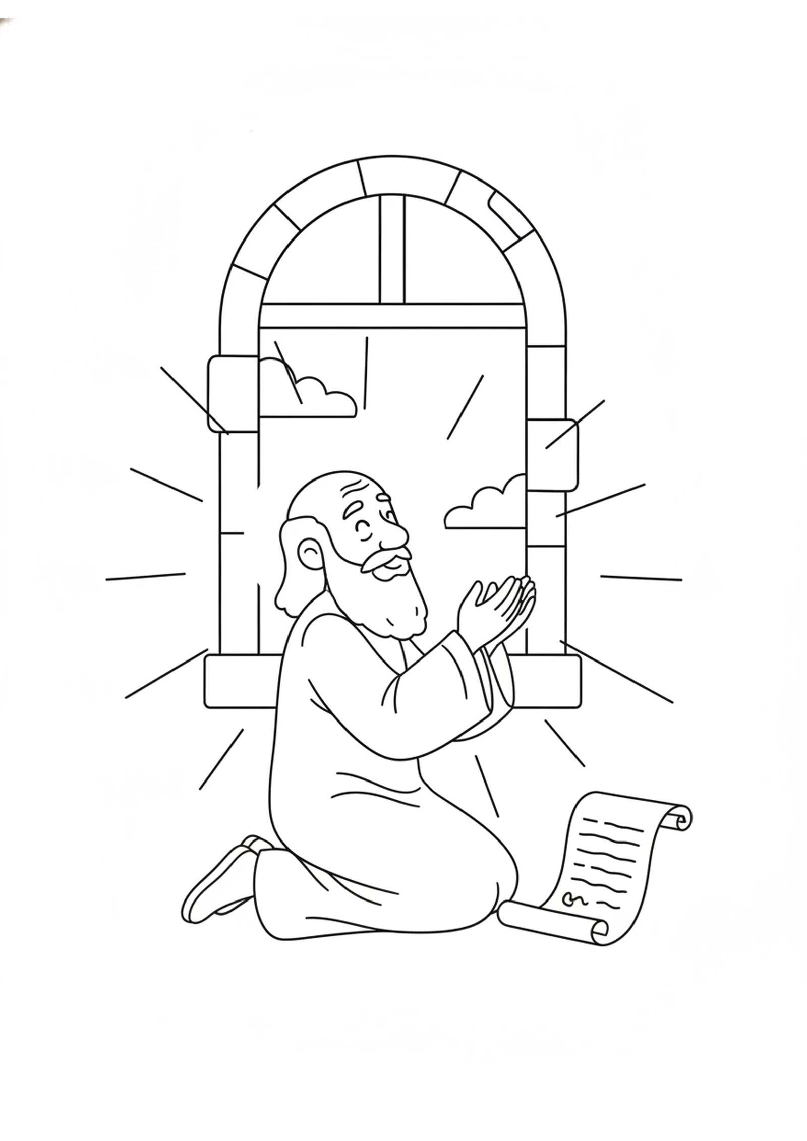 Daniel Prays by the Window — printable Bible coloring page from Daniel’s Prayer and the Angel Gabriel