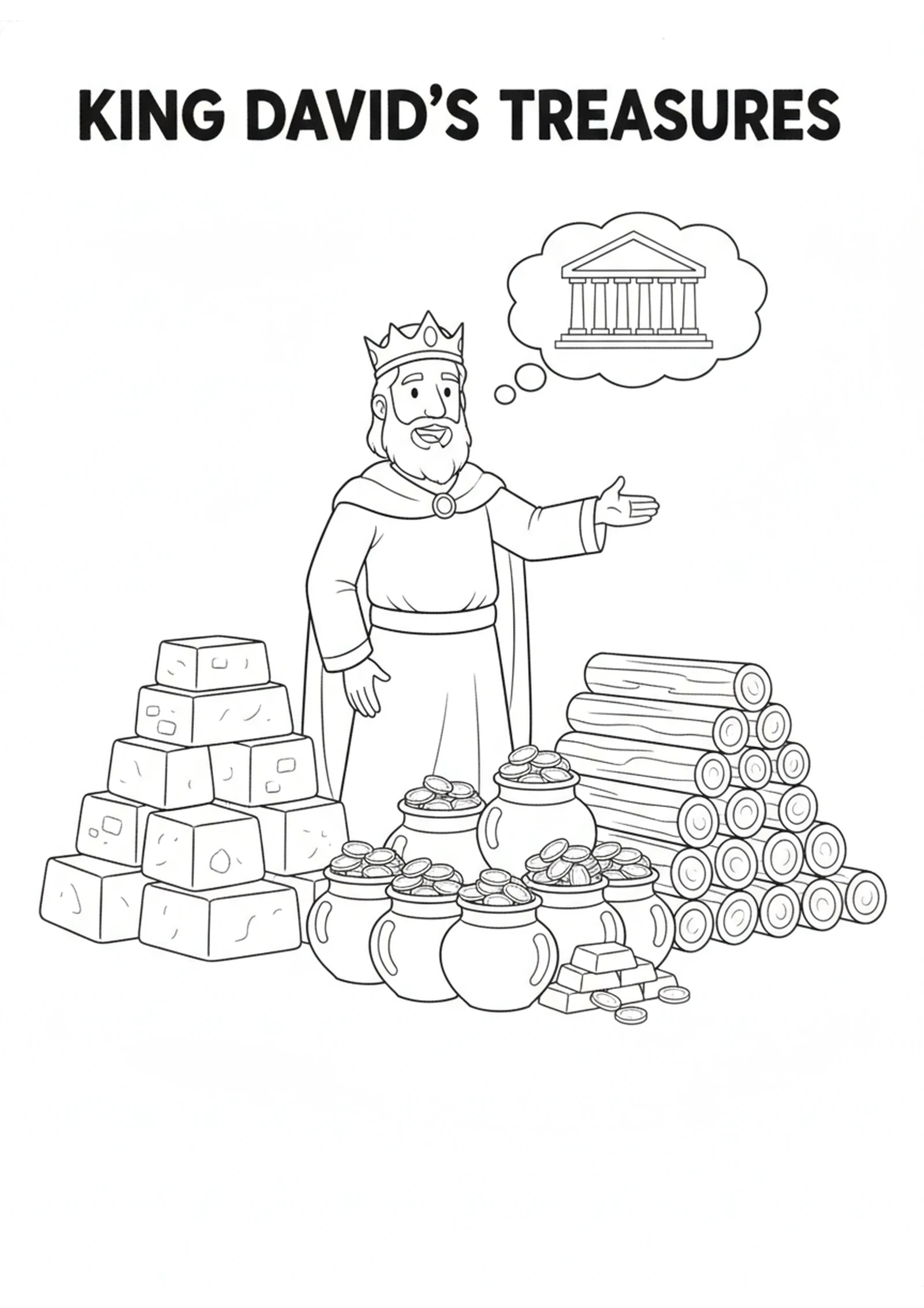 David's Great Pile of Treasure — printable Bible coloring page from David Prepares for the Temple