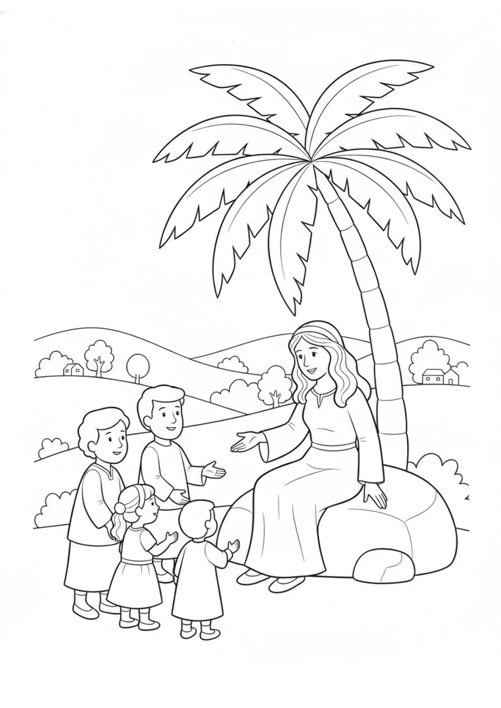 Deborah Under Her Palm Tree — printable Bible coloring page from Deborah and Jael — The Day God Used Two Women