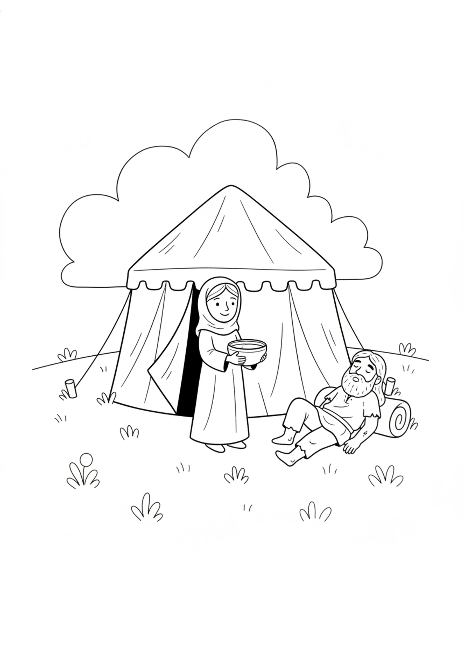 Jael Welcomes the Tired Traveler — printable Bible coloring page from Deborah and Jael — The Day God Used Two Women