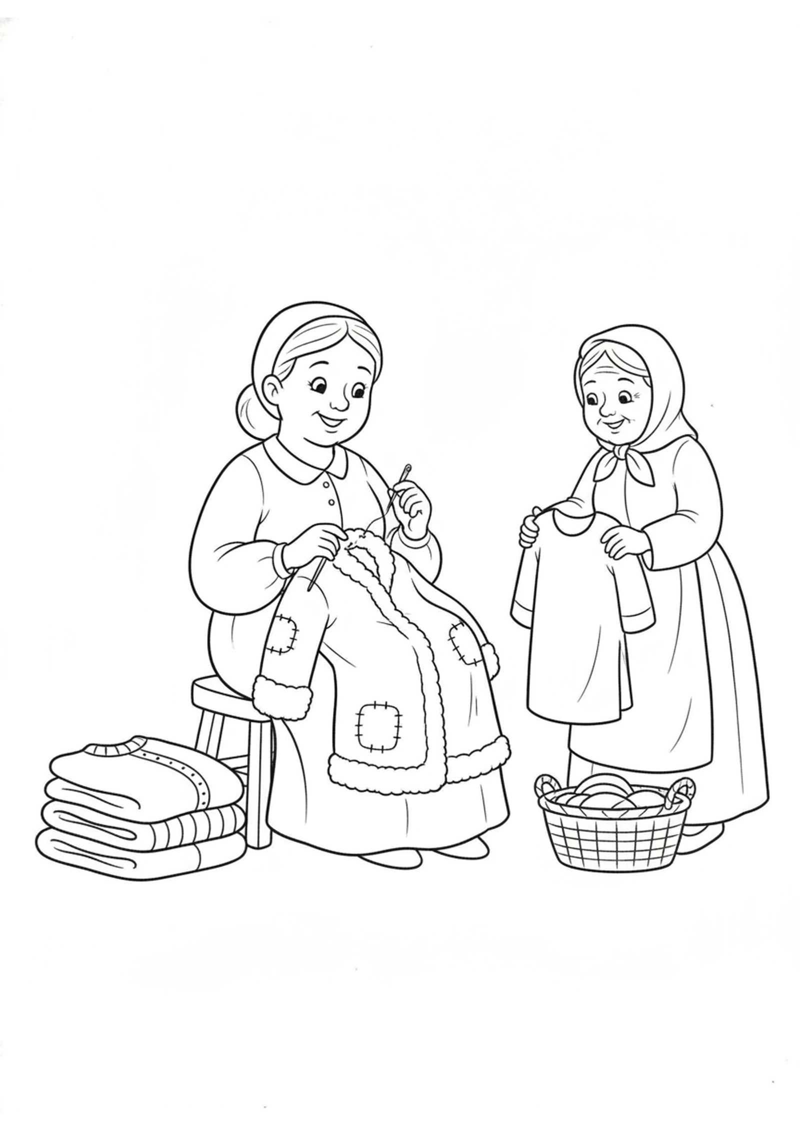 Dorcas Sewing for Her Friends — printable Bible coloring page from Peter Raises Dorcas