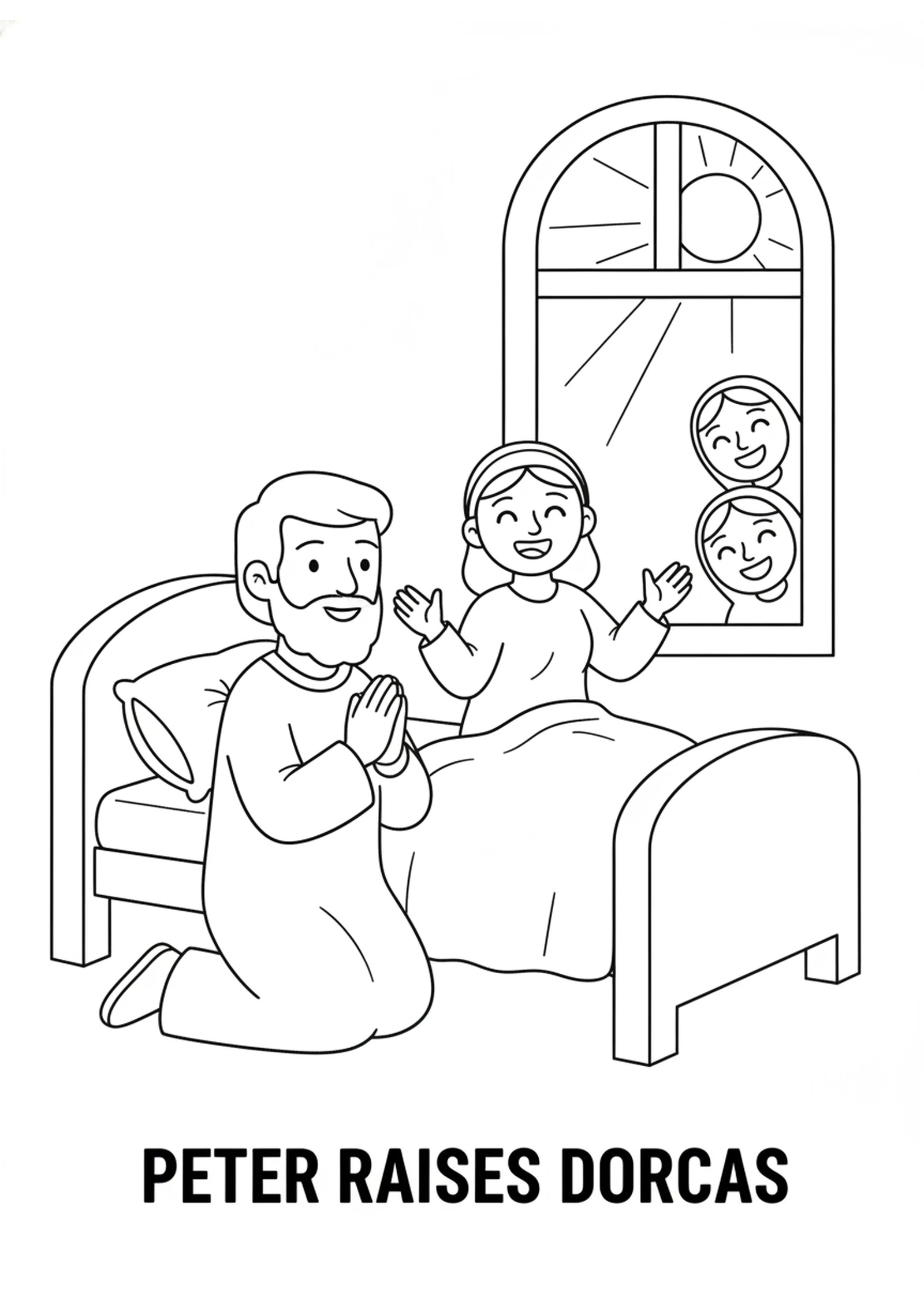 Peter Prays and Dorcas Wakes — printable Bible coloring page from Peter Raises Dorcas