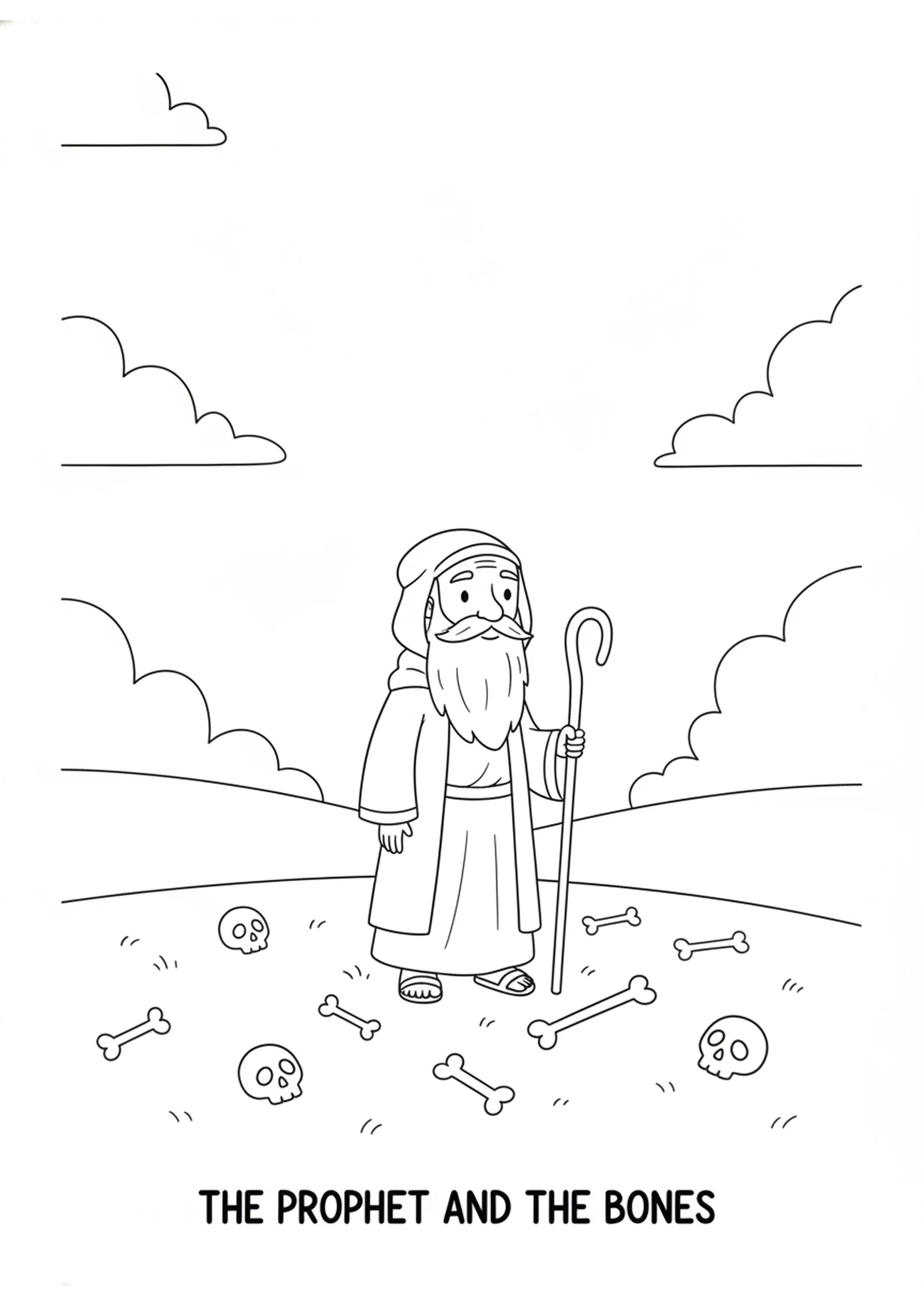 Ezekiel in the valley of bones — printable Bible coloring page from The Valley of Dry Bones