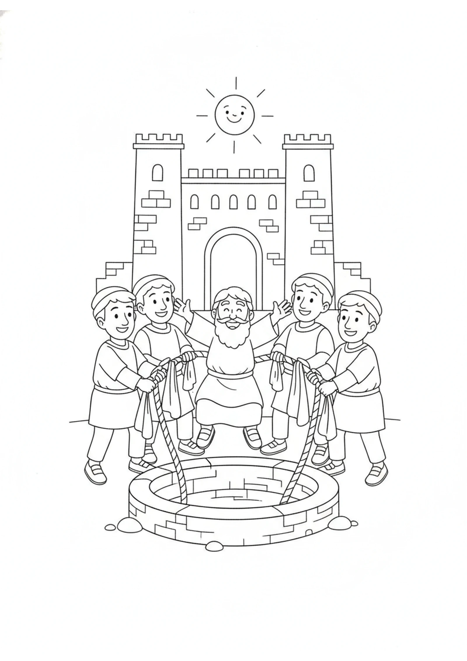 The Kind Rescue — printable Bible coloring page from Ebed-Melech Pulls Jeremiah from the Pit