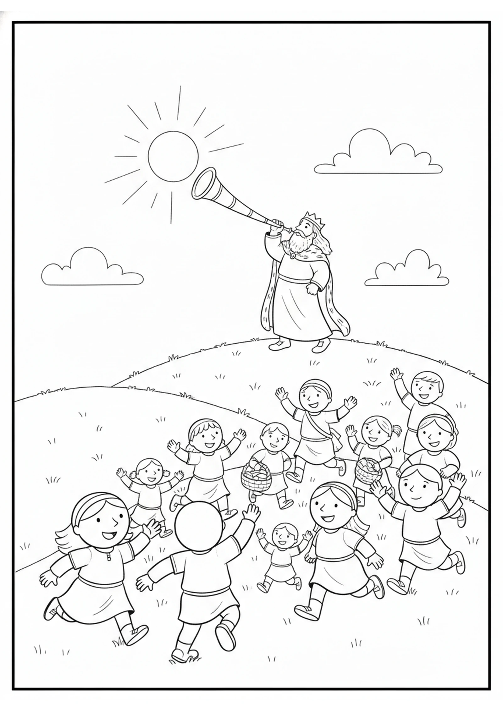 The Trumpet on the Hills — printable Bible coloring page from Ehud, the Left-Handed Judge