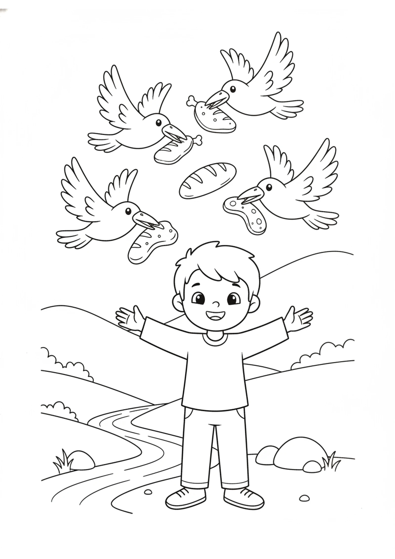 Ravens Bring Elijah Bread — printable Bible coloring page from Elijah Fed by Ravens — and the Widow’s Flour