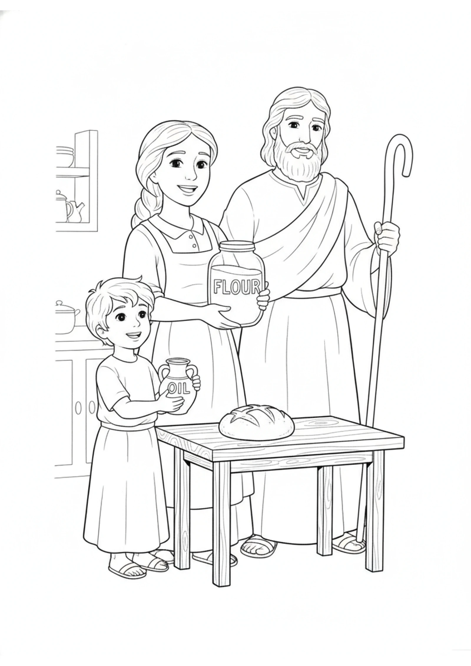 The Widow's Flour Jar — printable Bible coloring page from Elijah Fed by Ravens — and the Widow’s Flour