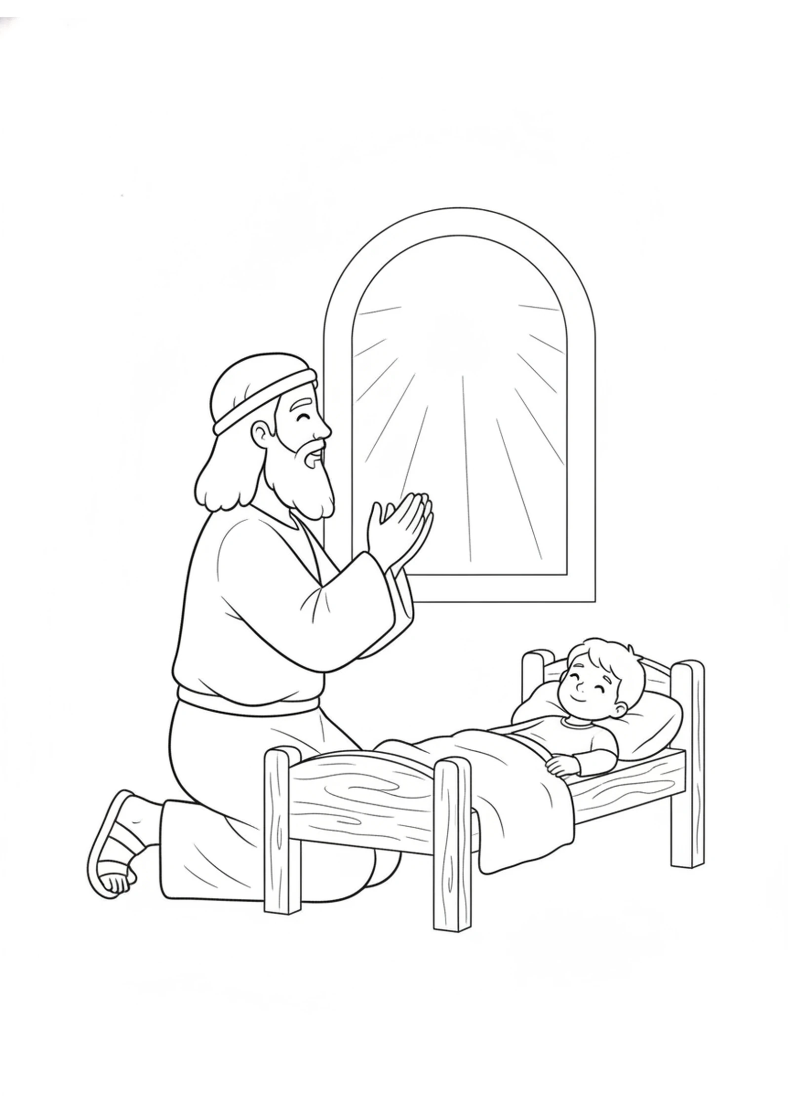 Elijah Prays for the Boy — printable Bible coloring page from Elijah Raises the Widow’s Son