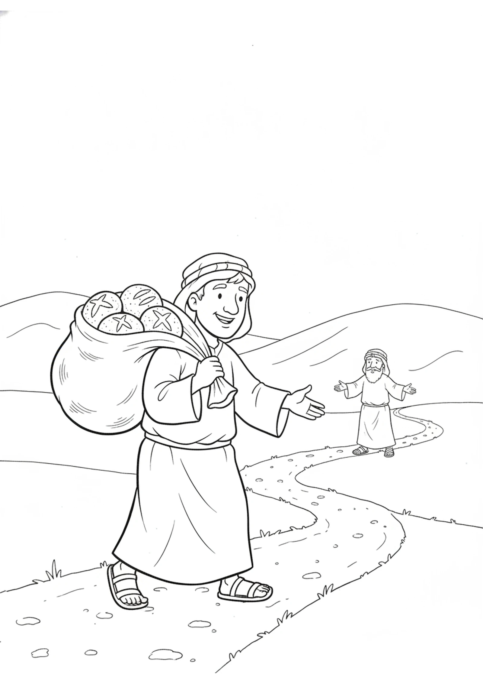 The Man Brings His Gift — printable Bible coloring page from Elisha Feeds a Hundred Men