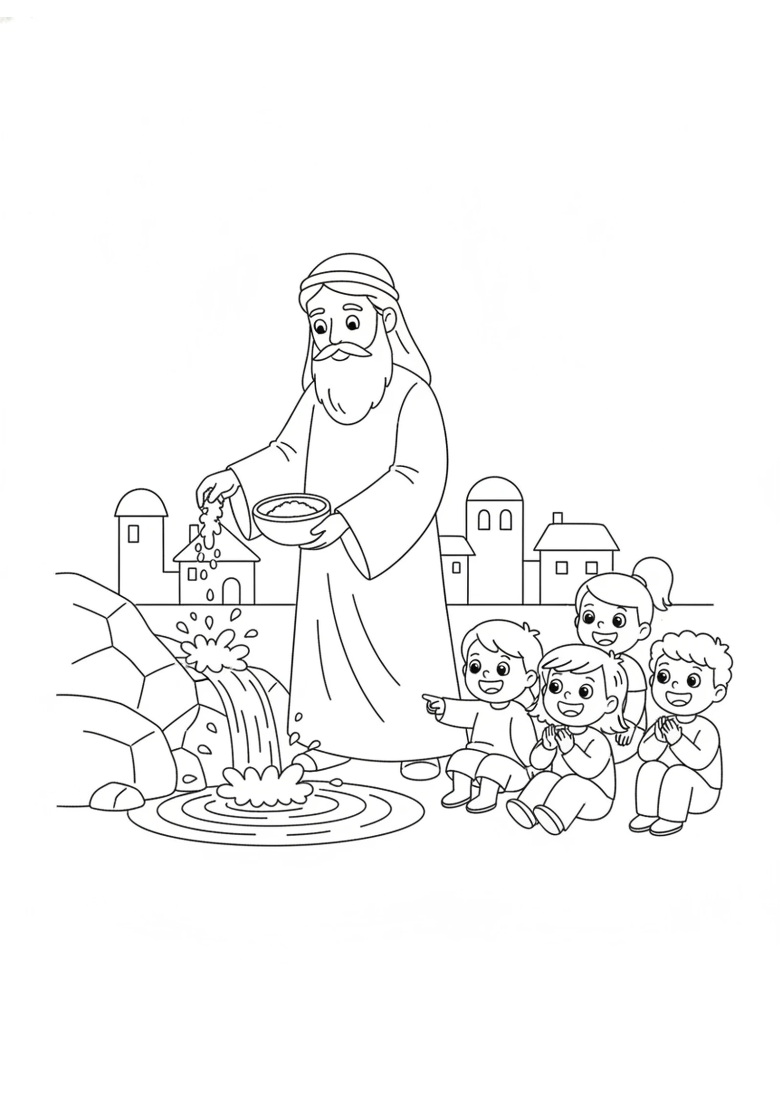 Elisha Heals the Spring — printable Bible coloring page from Elisha Makes the Water Sweet