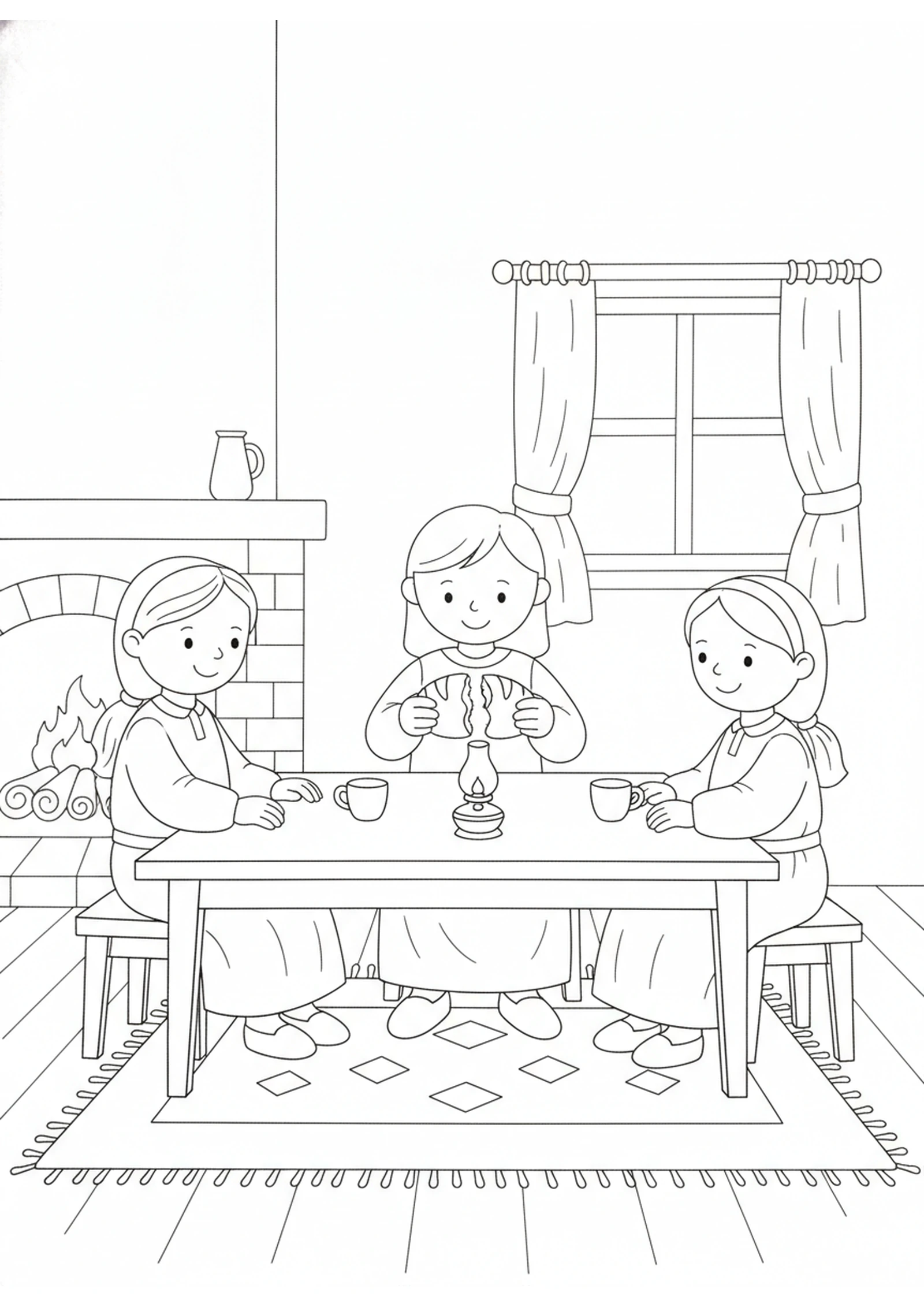 Supper at the Table — printable Bible coloring page from On the Road to Emmaus