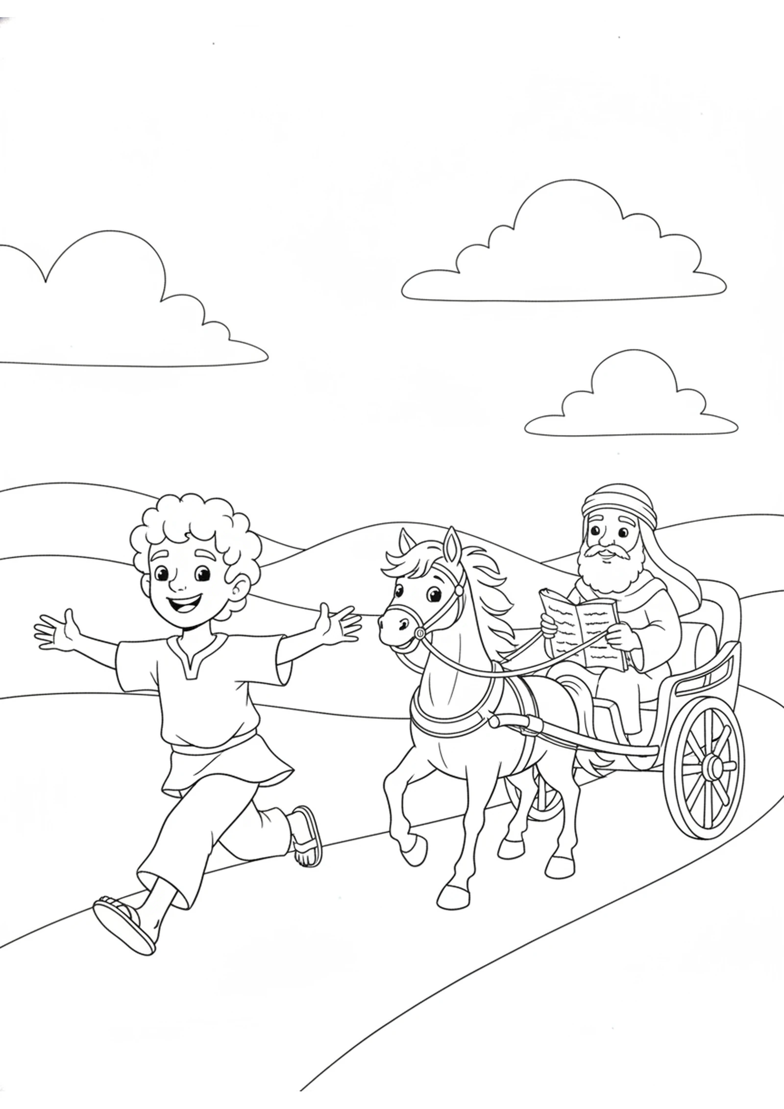 Philip Runs to the Chariot — printable Bible coloring page from Philip and the Ethiopian