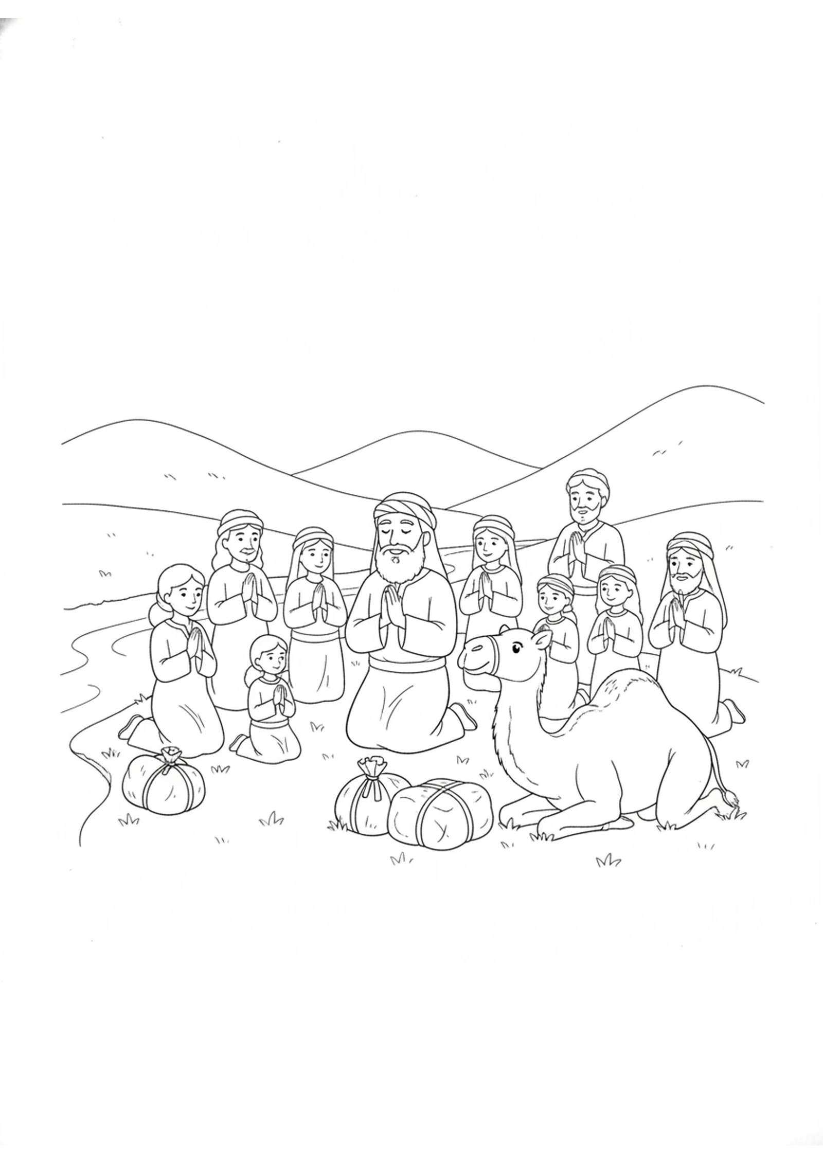 Praying by the River — printable Bible coloring page from Ezra Trusts God for the Journey