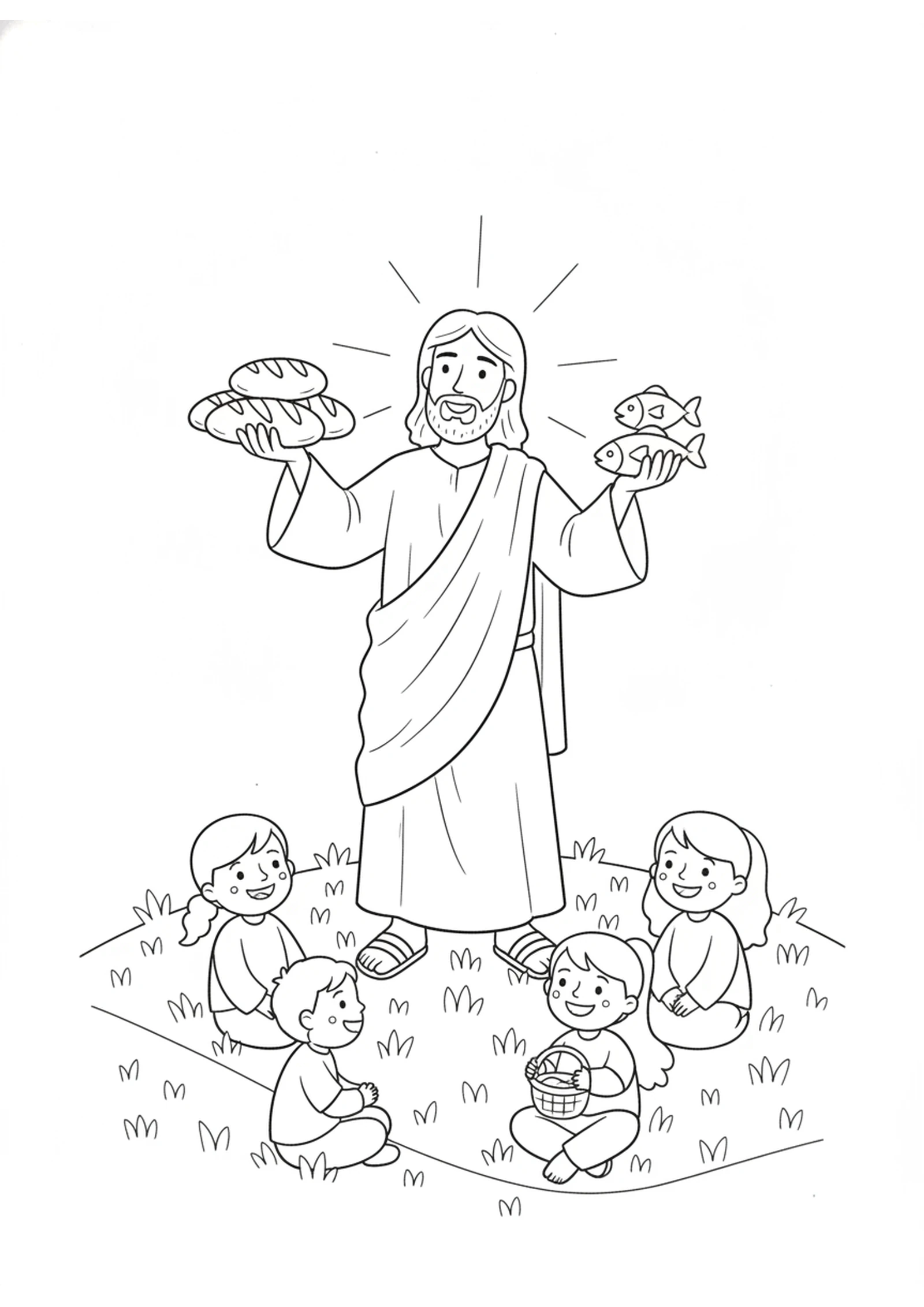 Jesus Holds the Loaves and Fish — printable Bible coloring page from Feeding the Four Thousand