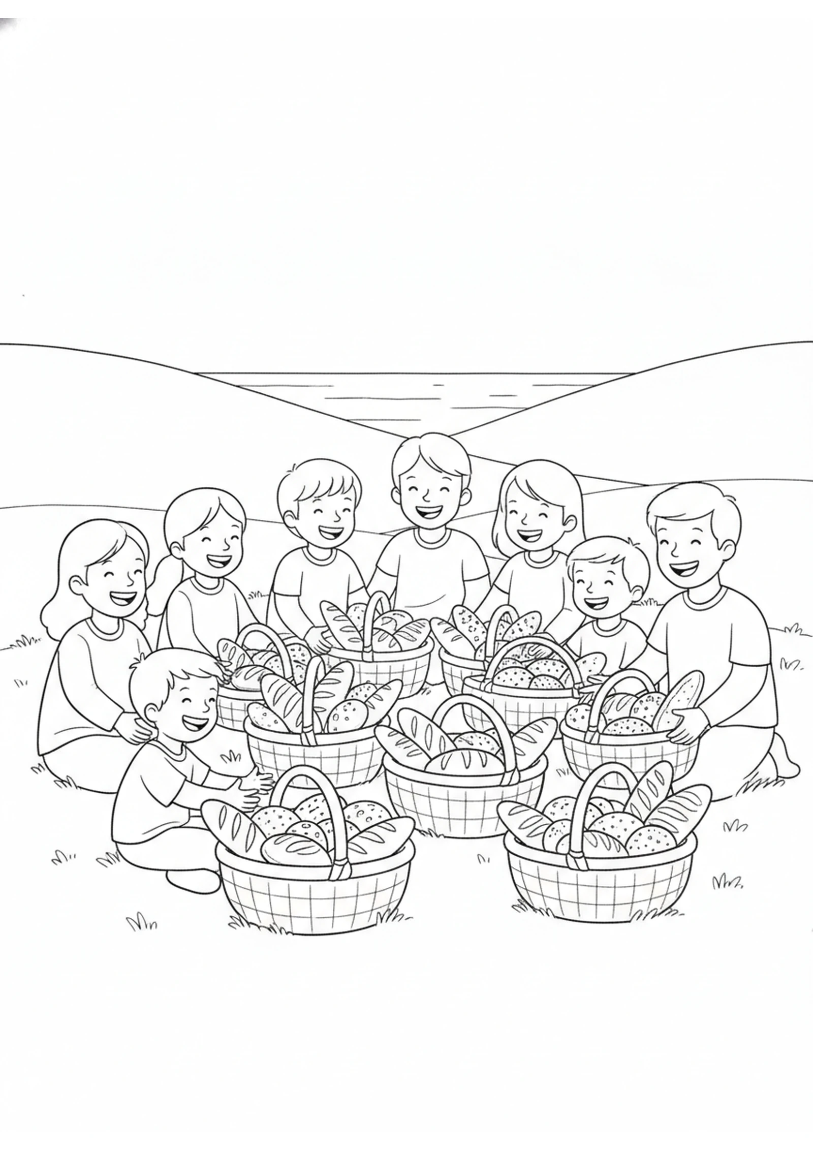 Seven Baskets of Leftovers — printable Bible coloring page from Feeding the Four Thousand