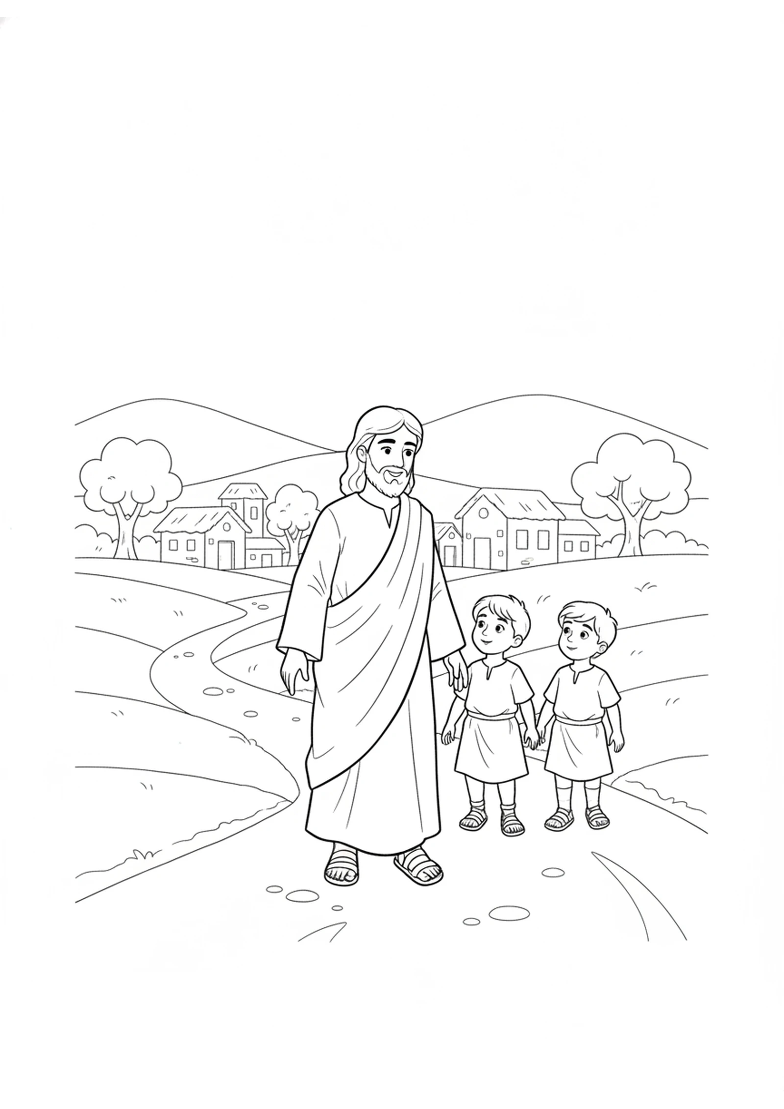Jesus on the Dusty Road — printable Bible coloring page from James and John Want Fire from Heaven