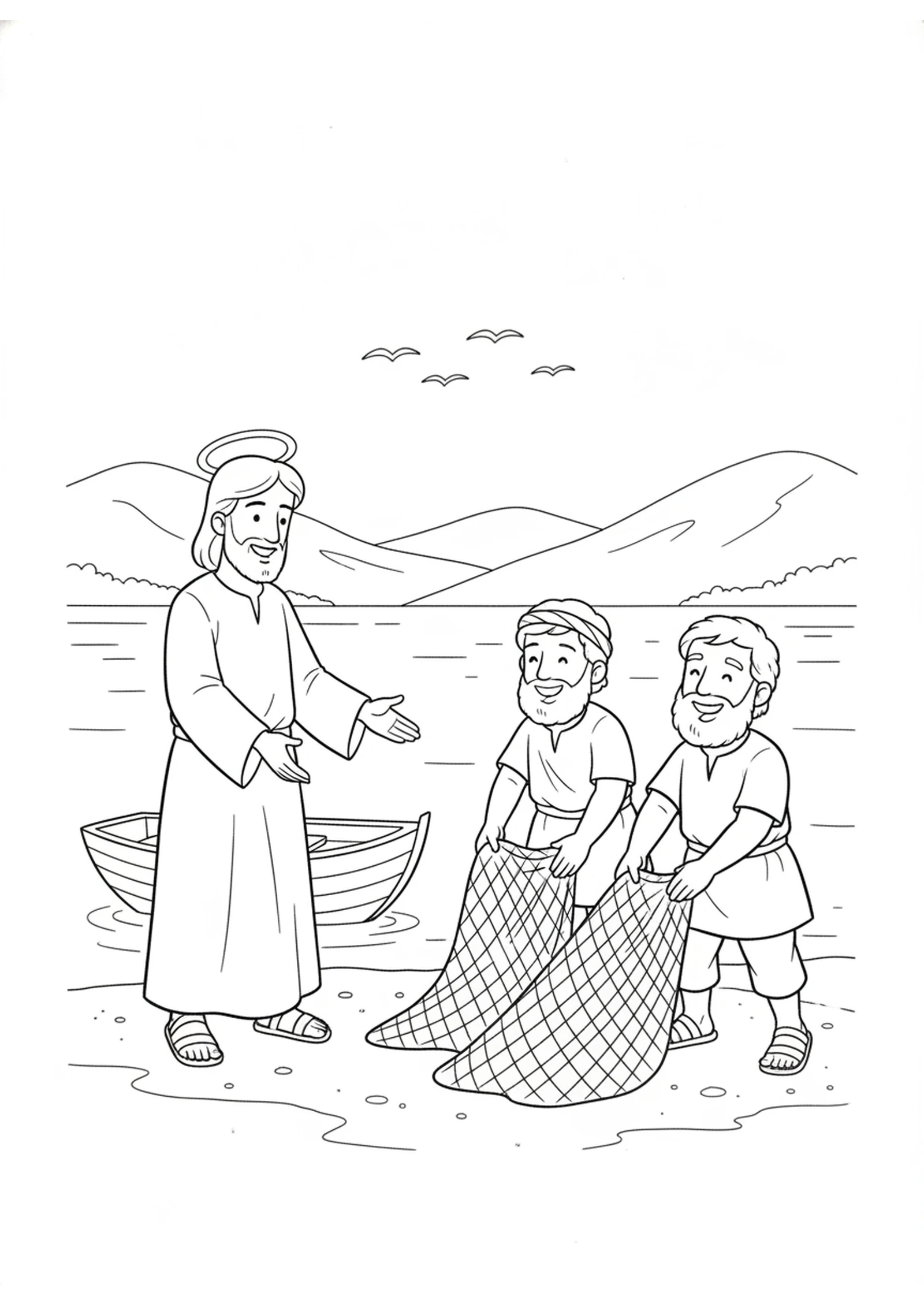 Follow Me by the Lake — printable Bible coloring page from Jesus Calls His First Disciples