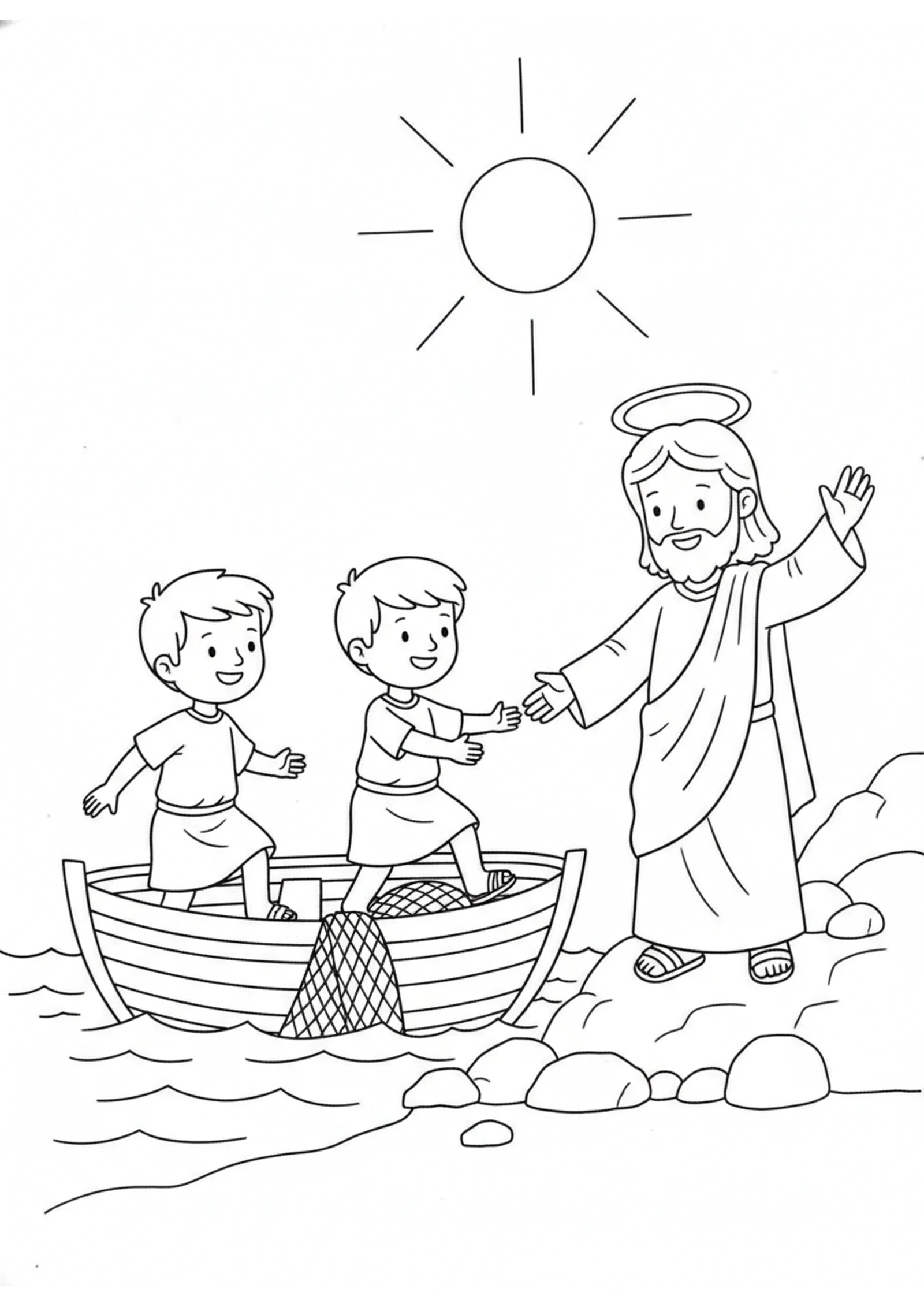 James and John Leave the Boat — printable Bible coloring page from Jesus Calls His First Disciples