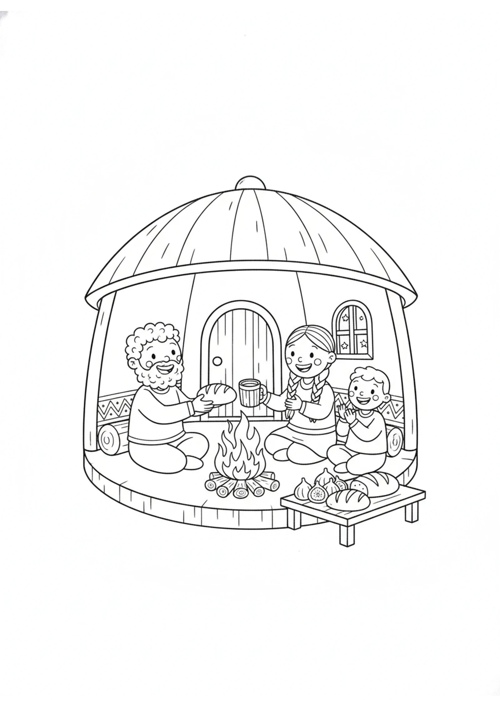 A Warm Meal by the Fire — printable Bible coloring page from Gaius, the Man Who Opened His Home