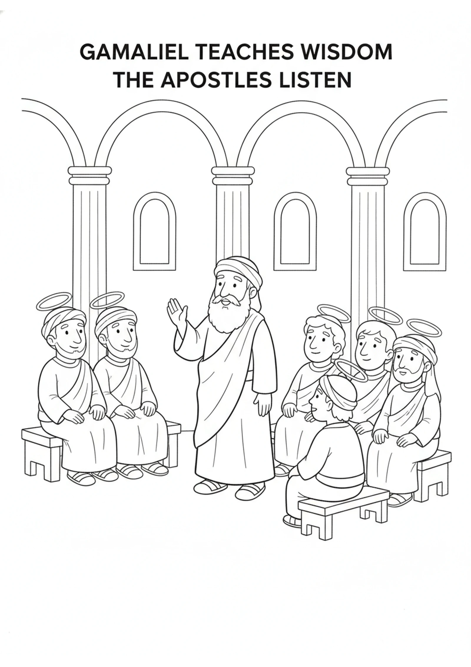Wise Gamaliel Speaks — printable Bible coloring page from Freed by an Angel — and Gamaliel’s Advice