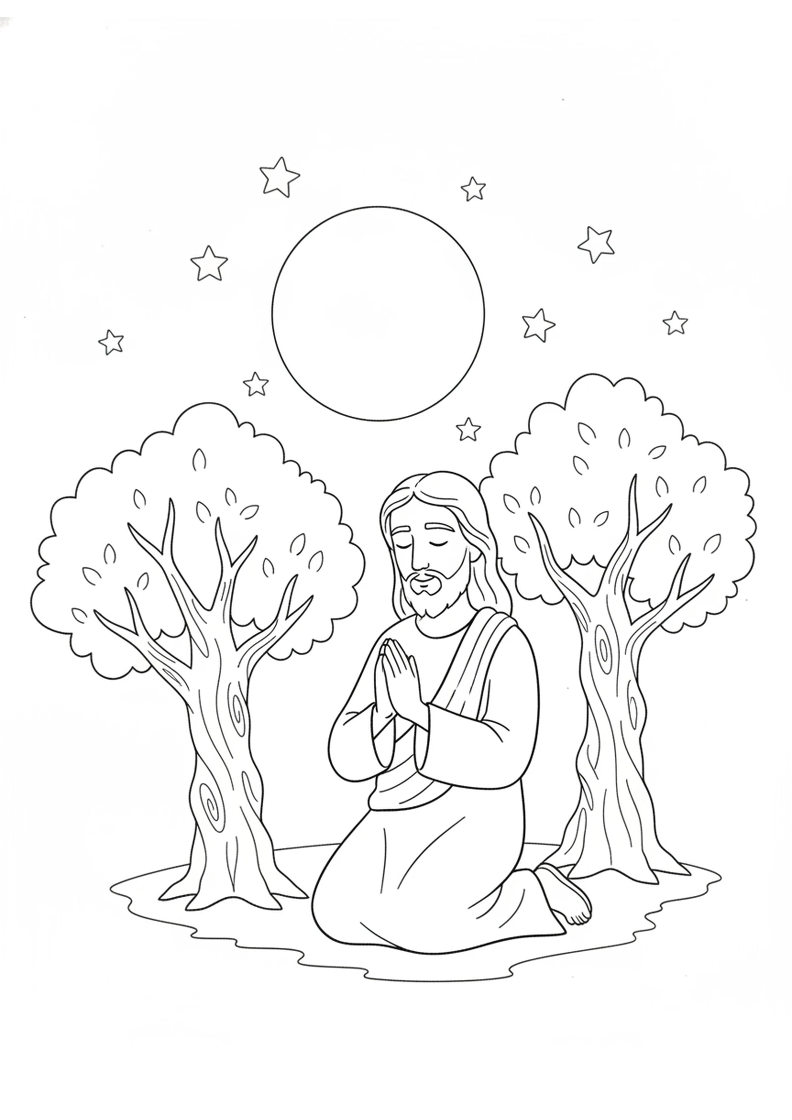 Jesus Praying in the Garden — printable Bible coloring page from Gethsemane — Jesus Is Arrested